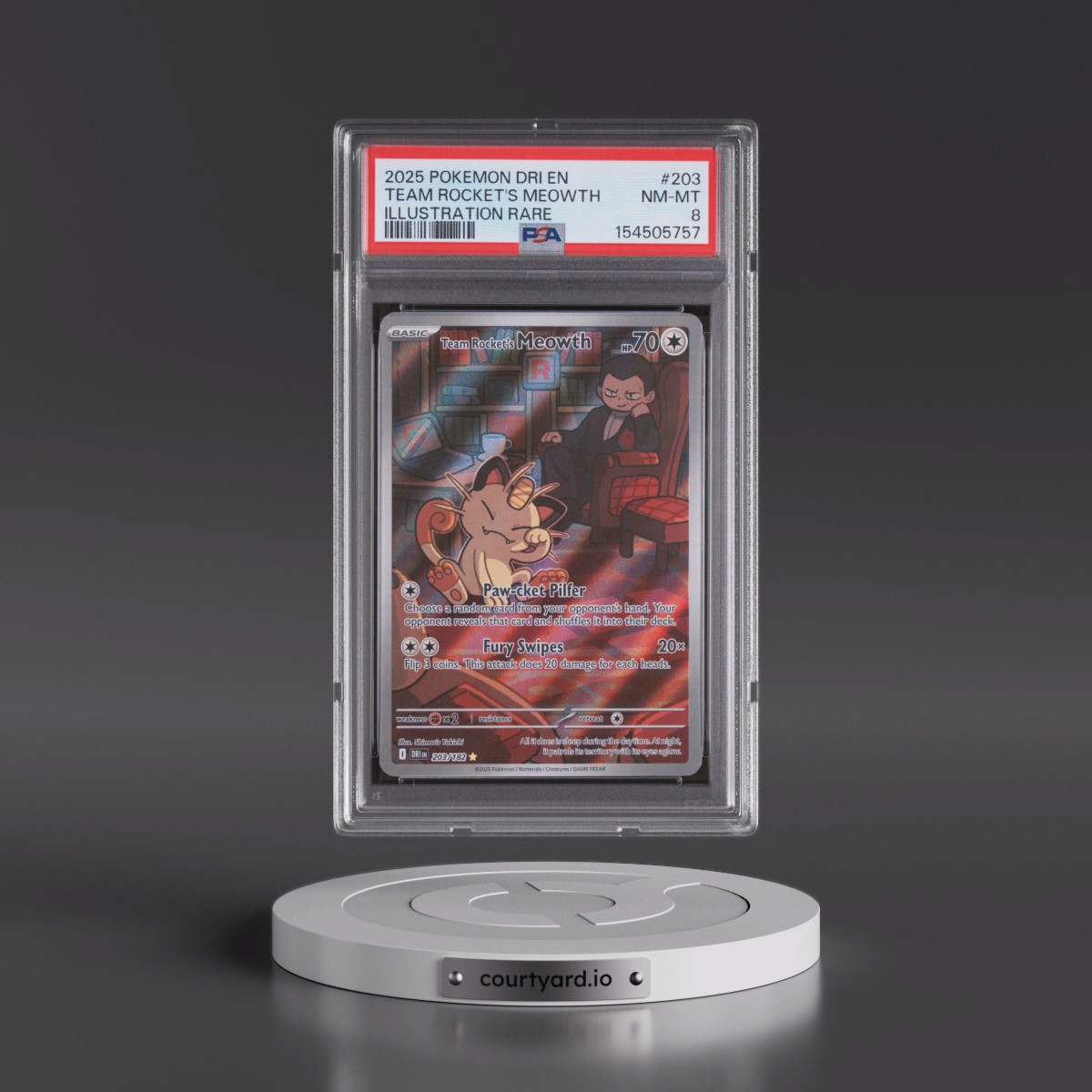 2025 Pokémon Dri EN-Destined Rivals #203 Team Rocket's Meowth - Illustration Rare (PSA 8 NM-MT)