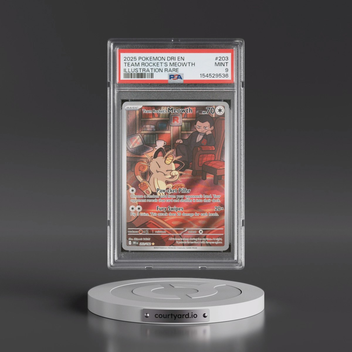 2025 Pokémon Dri EN-Destined Rivals #203 Team Rocket's Meowth - Illustration Rare (PSA 9 MINT)