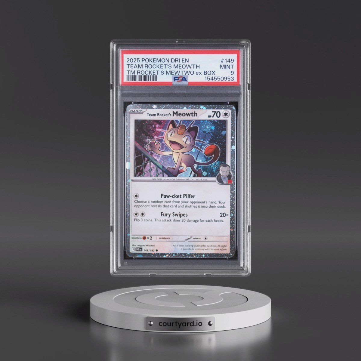 2025 Pokémon Dri EN-Destined Rivals #149 Team Rocket's Meowth - Team Rocket's Mewtwo EX Box (PSA 9 MINT)