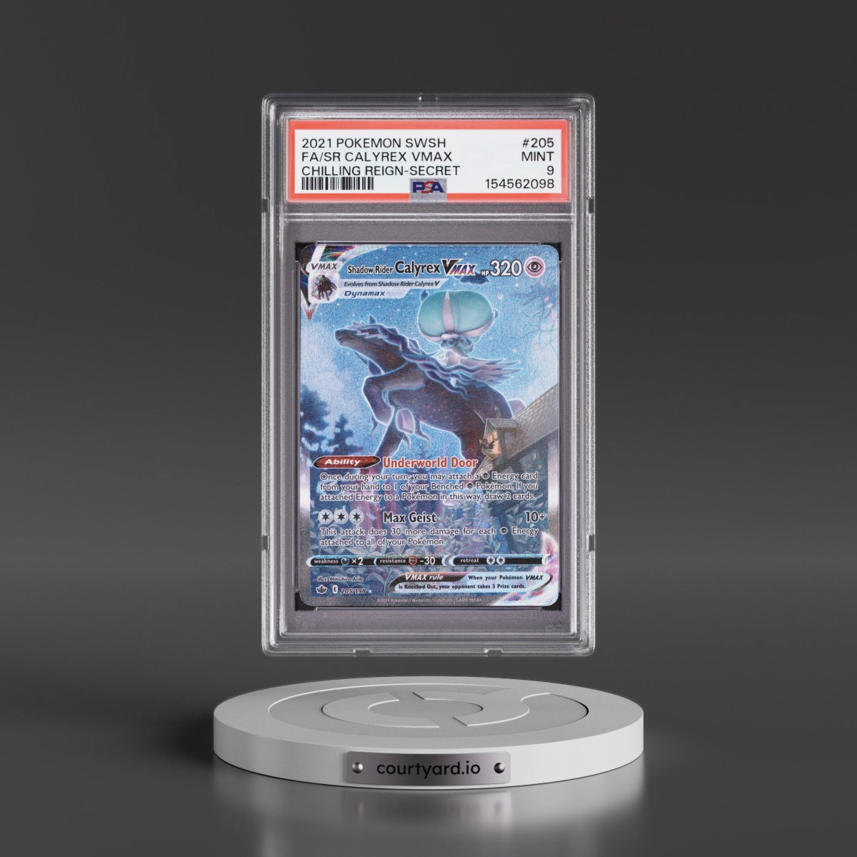 2021 Pokémon Sword & Shield Chilling Reign #205 Shadow Rider Calyrex Vmax - Full Art Secret (PSA 9 MINT)