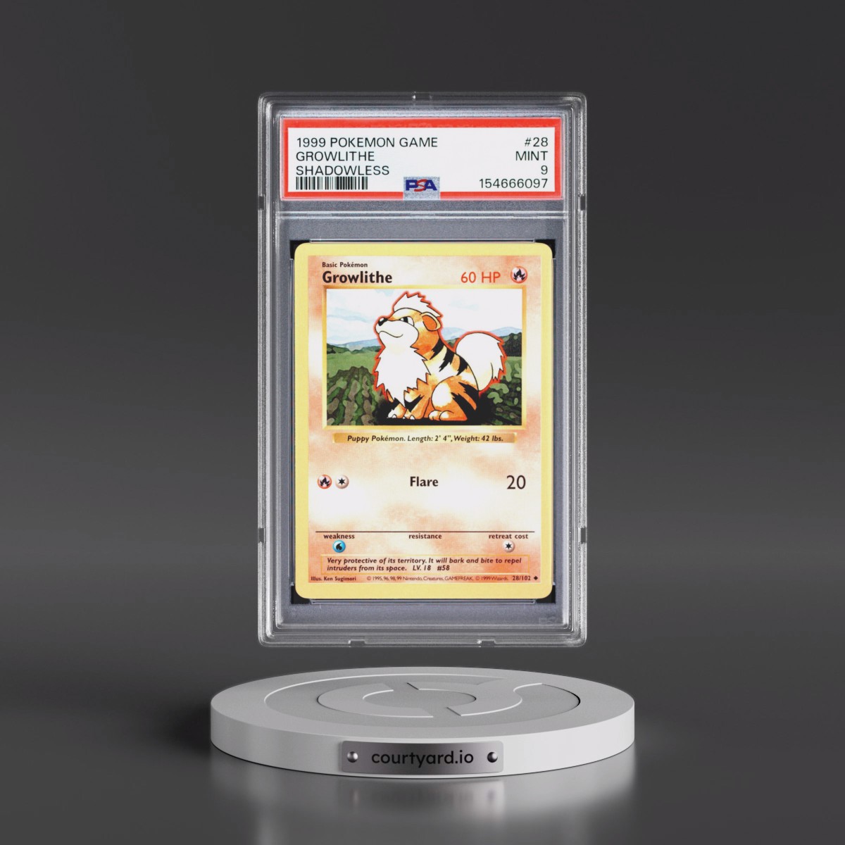 1999 Pokémon Game #28 Growlithe - Shadowless (PSA 9 MINT)