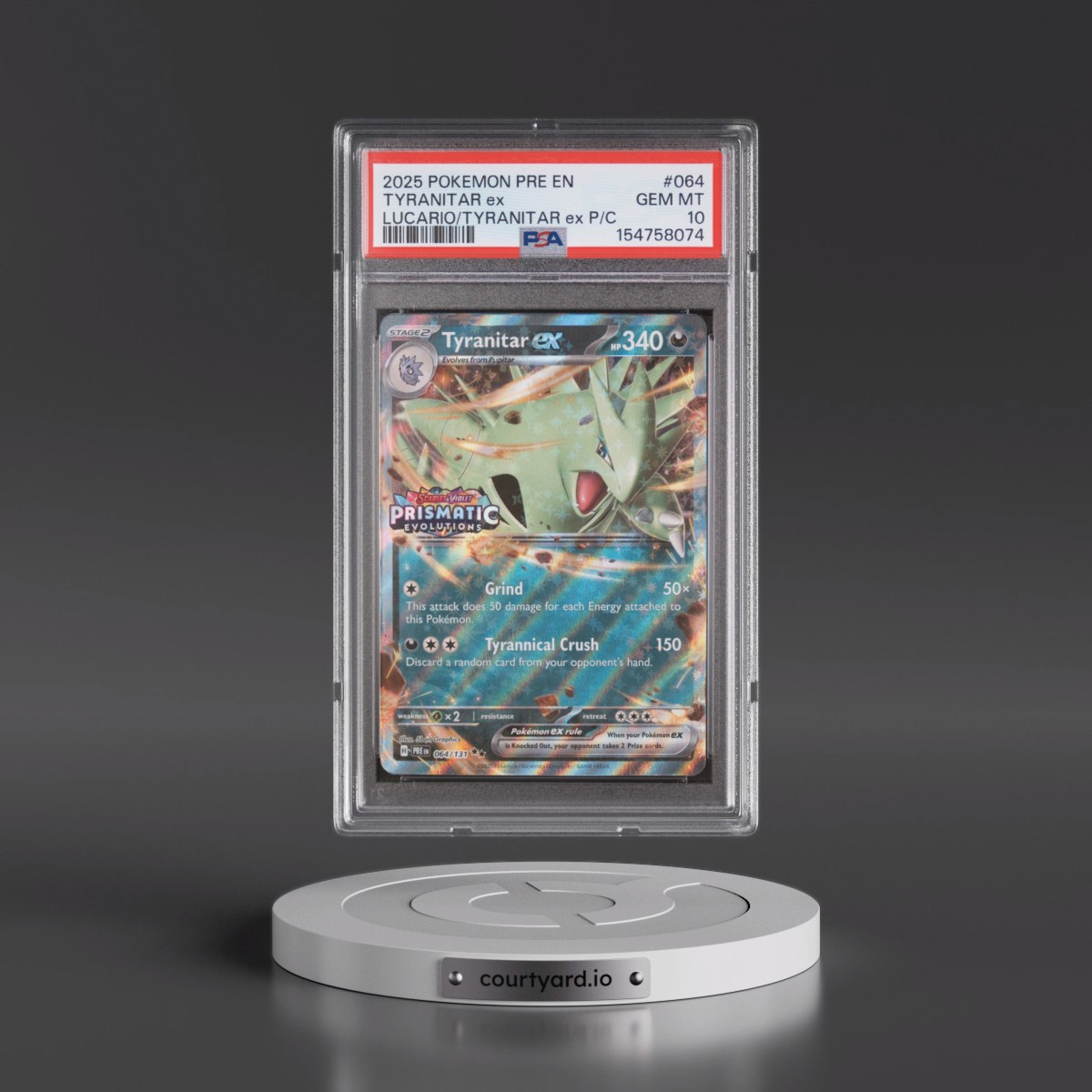 2025 Pokémon Pre EN-Prismatic Evolutions #064 Tyranitar EX - Holo Lucario EX & Tyranitar EX Premium Collection (PSA 10 GEM MINT)
