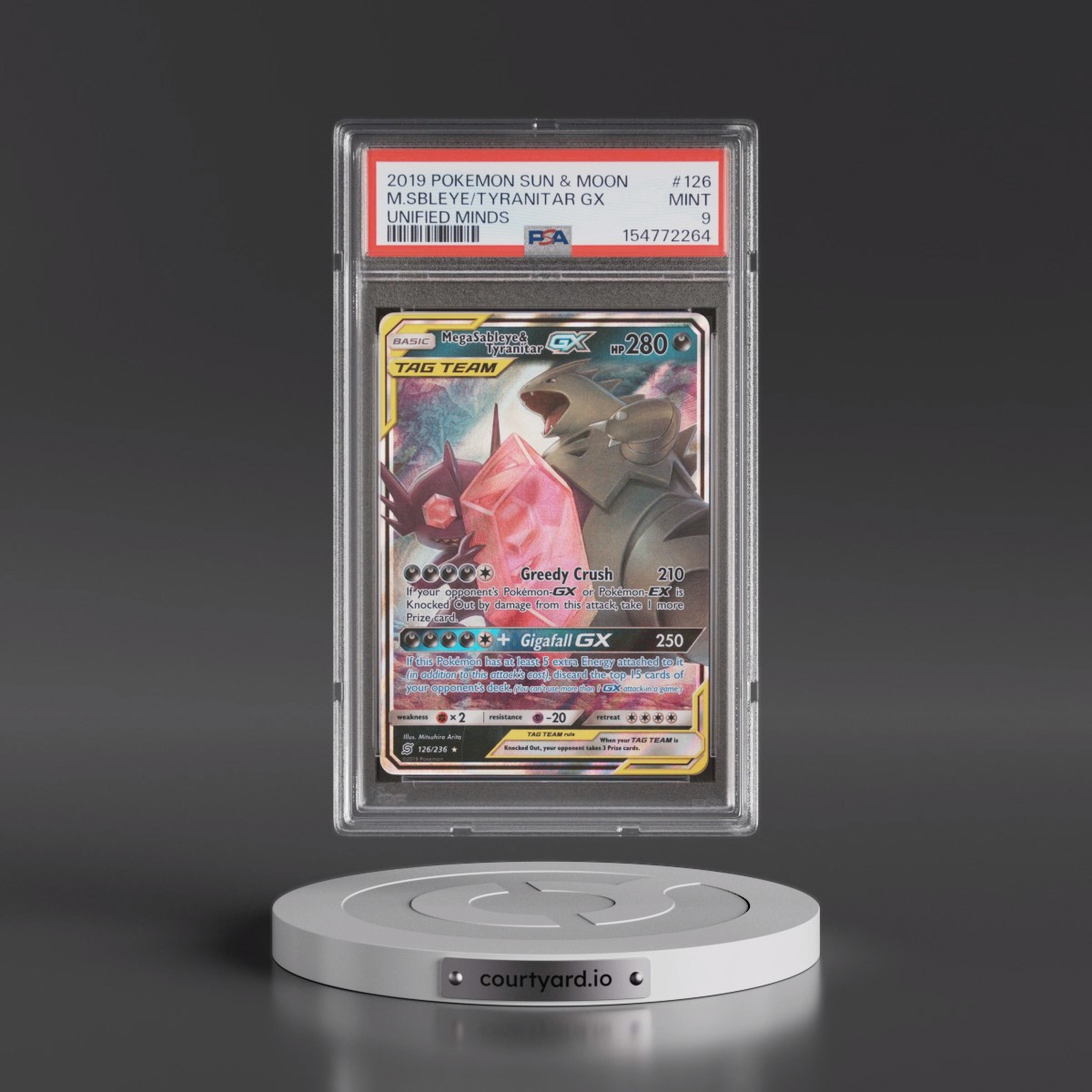 2019 Pokémon Sun & Moon Unified Minds #126 Mega Sableye & Tyranitar GX - Holo (PSA 9 MINT)