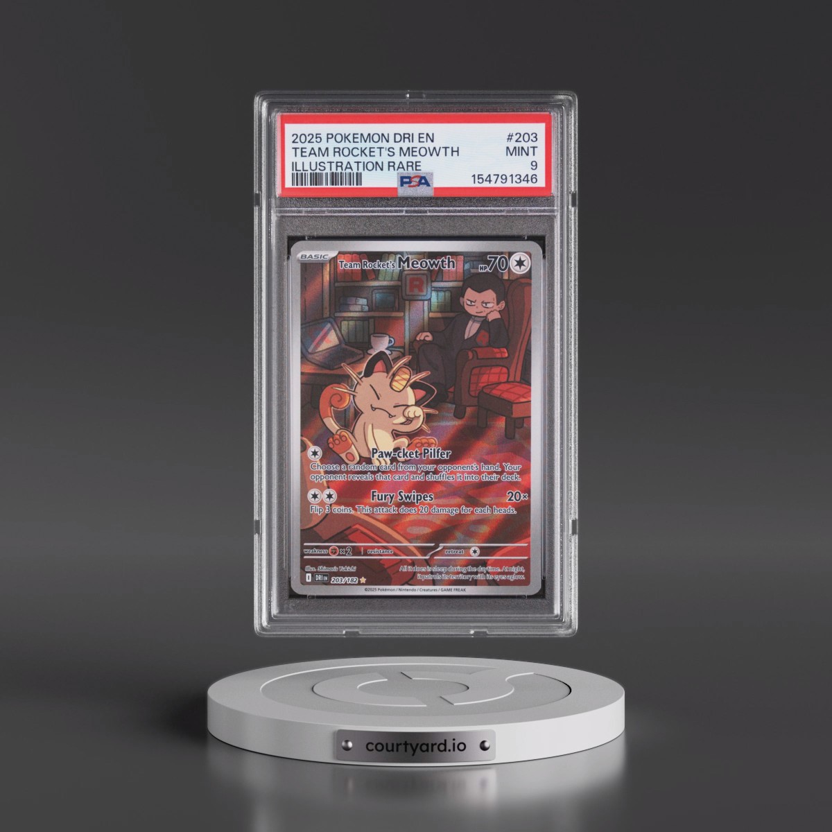 2025 Pokémon Dri EN-Destined Rivals #203 Team Rocket's Meowth - Illustration Rare (PSA 8 NM-MT)