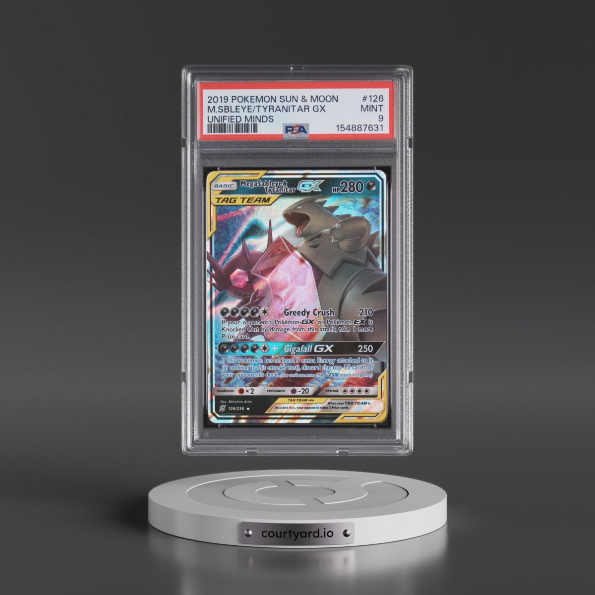 2019 Pokémon Sun & Moon Unified Minds #126 Mega Sableye & Tyranitar GX - Holo (PSA 9 MINT)