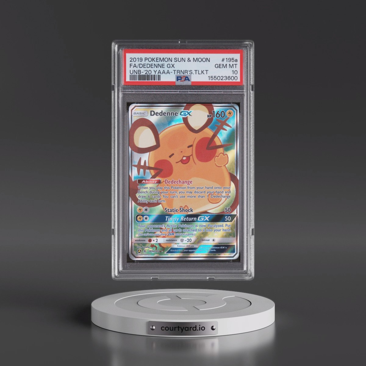 2019 Pokémon Sun & Moon Unbroken Bonds #195a Dedenne GX - Holo Full Art 2020 Yellow A Alternate Art Trainer's Toolkit (PSA 10 GEM MINT)