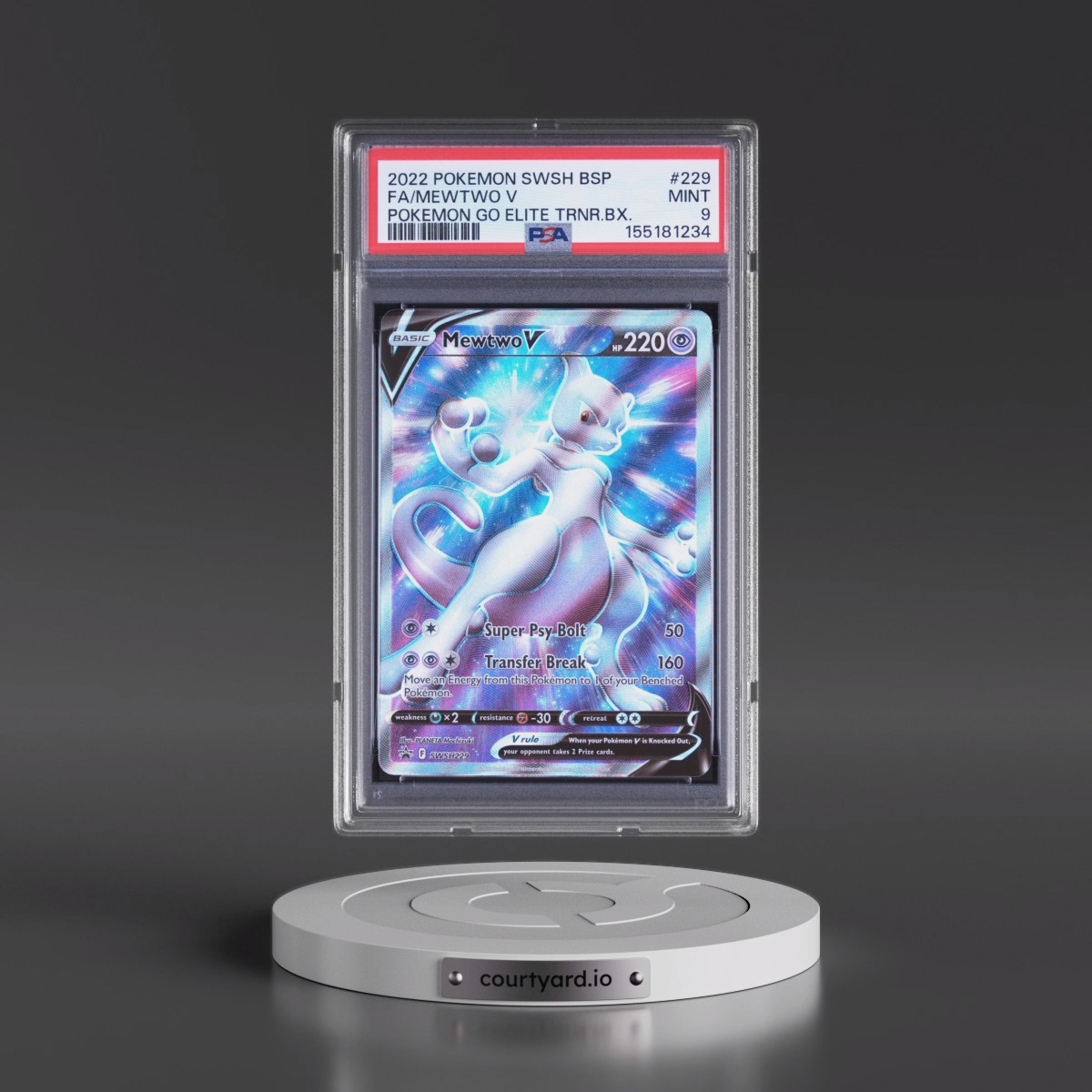 2022 Pokémon Swsh Black Star Promo #229 Mewtwo V - Holo Full Art Pokemon Go Elite Trainer Box (PSA 9 MINT)