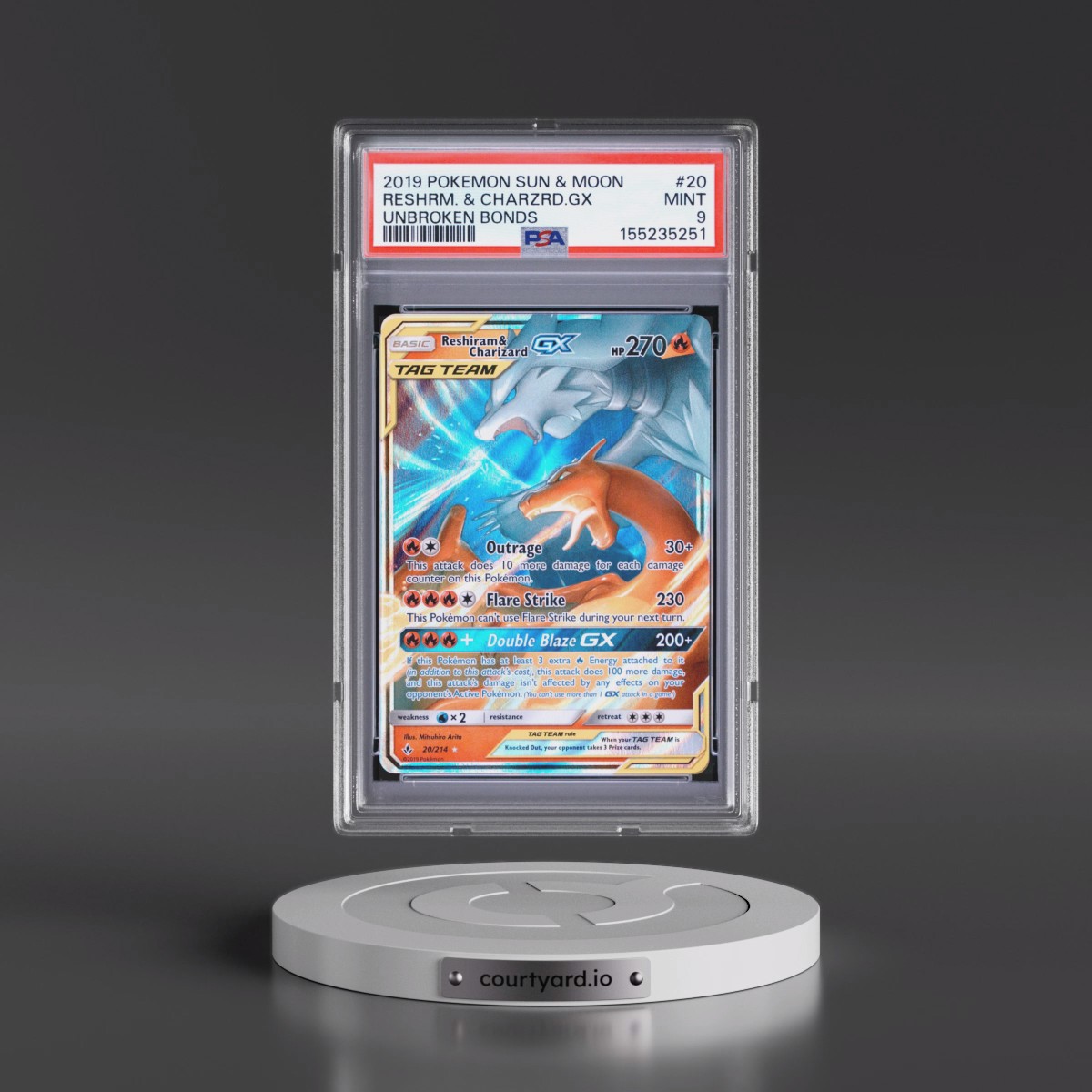 2019 Pokémon Sun & Moon Unbroken Bonds #20 Reshiram & Charizard GX - Holo (PSA 9 MINT)