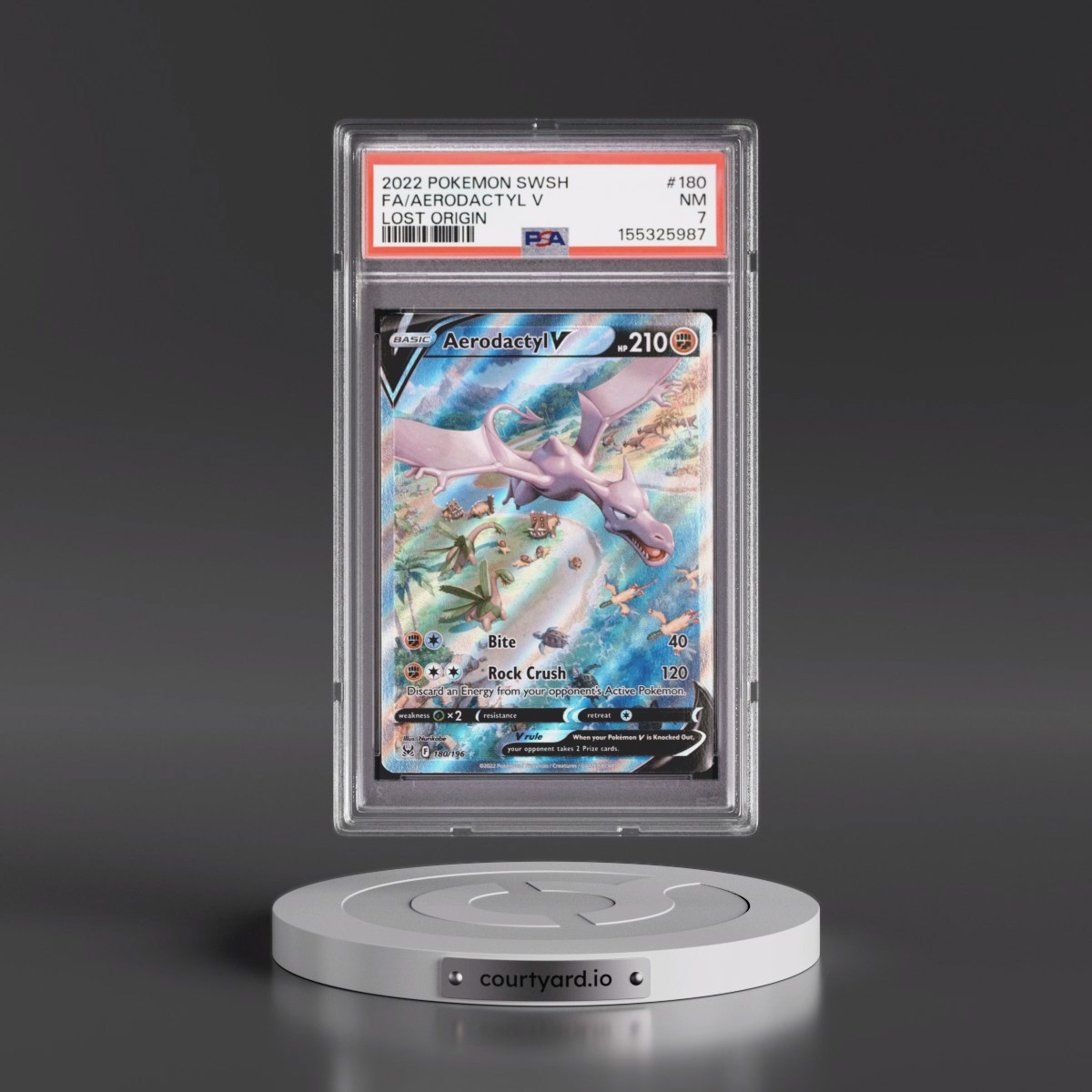 2022 Pokémon Sword & Shield Lost Origin #180 Aerodactyl V - Holo Full Art (PSA 7 NM)