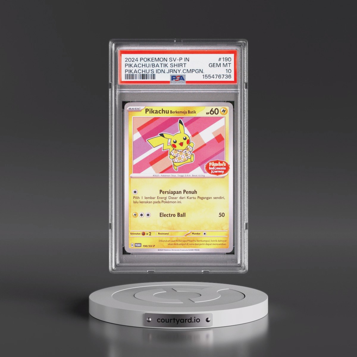 2024 Pokémon SV-P Promo #190 Pikachu in Batik Shirt - Pikachu's Indonesia Journey Campaign (PSA 10 GEM MINT)