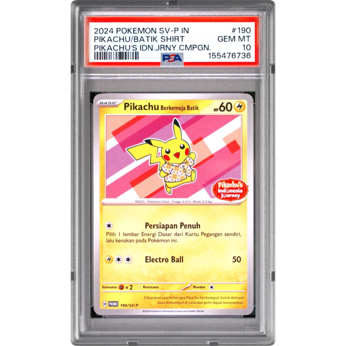 2024 Pokémon SV-P Promo #190 Pikachu in Batik Shirt - Pikachu's Indonesia Journey Campaign (PSA 10 GEM MINT)