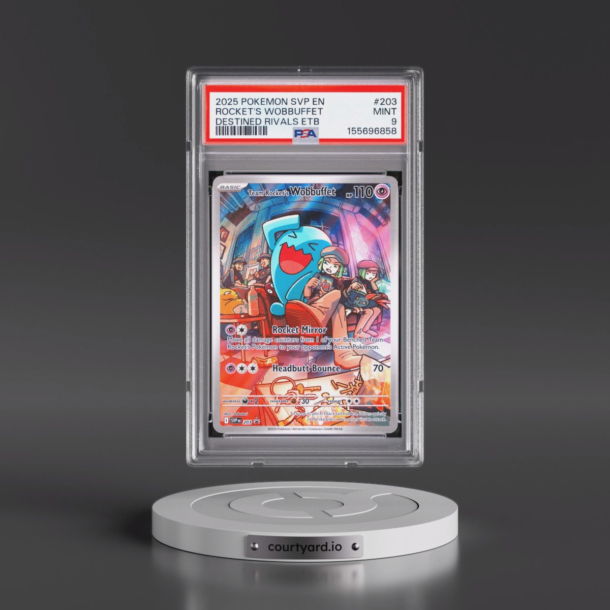 2025 Pokémon Svp EN-SV Black Star Promo #203 Team Rocket's Wobbuffet - Destined Rivals Elite Trainer Box (PSA 9 MINT)