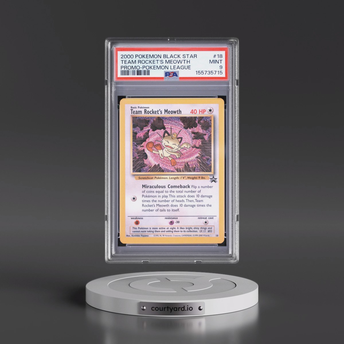 2000 Pokémon Promo Black Star #18 Team Rocket's Meowth - Pokemon League (PSA 9 MINT)