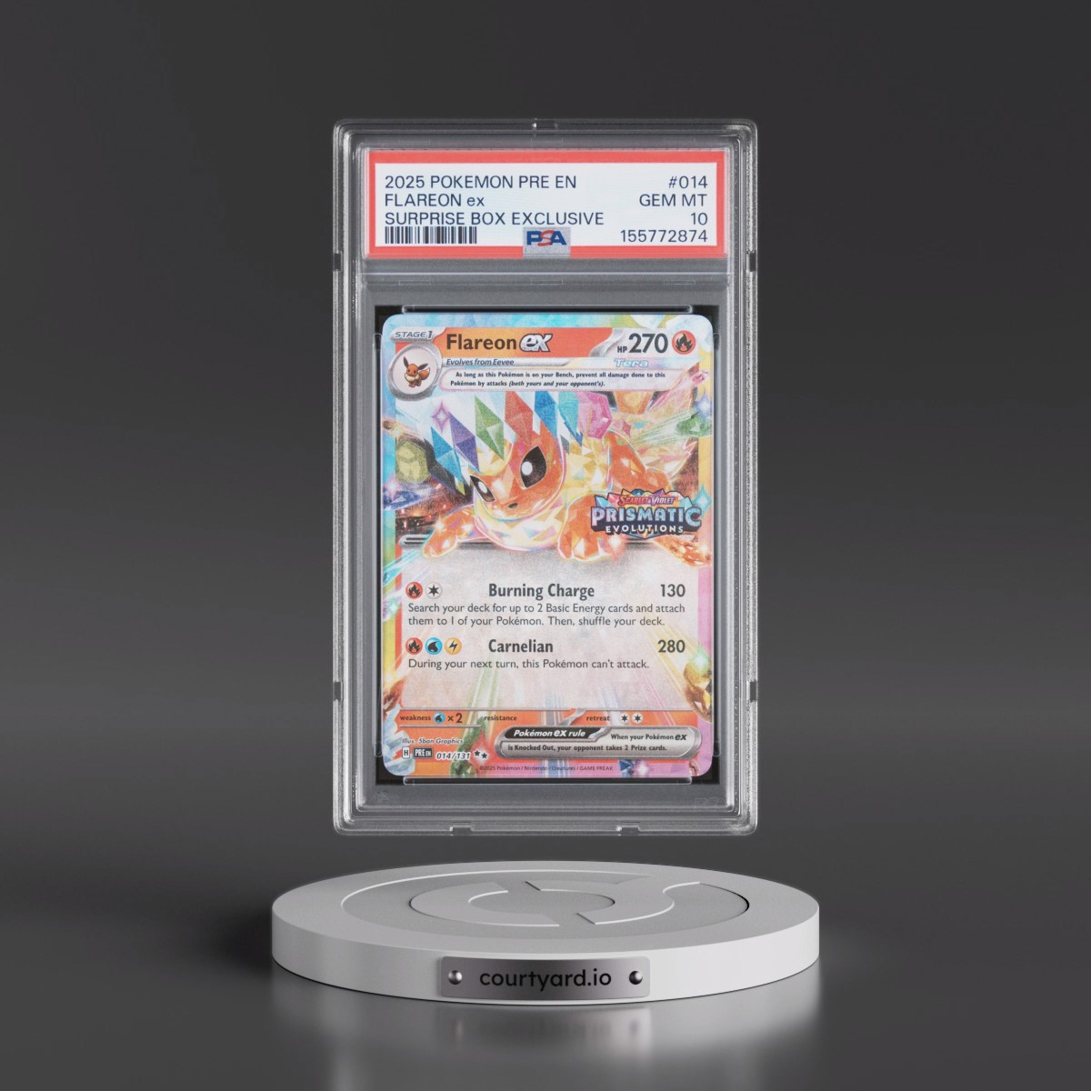 2025 Pokémon Pre EN-Prismatic Evolutions #014 Flareon EX - Holo Surprise Box Exclusive (PSA 10 GEM MINT)