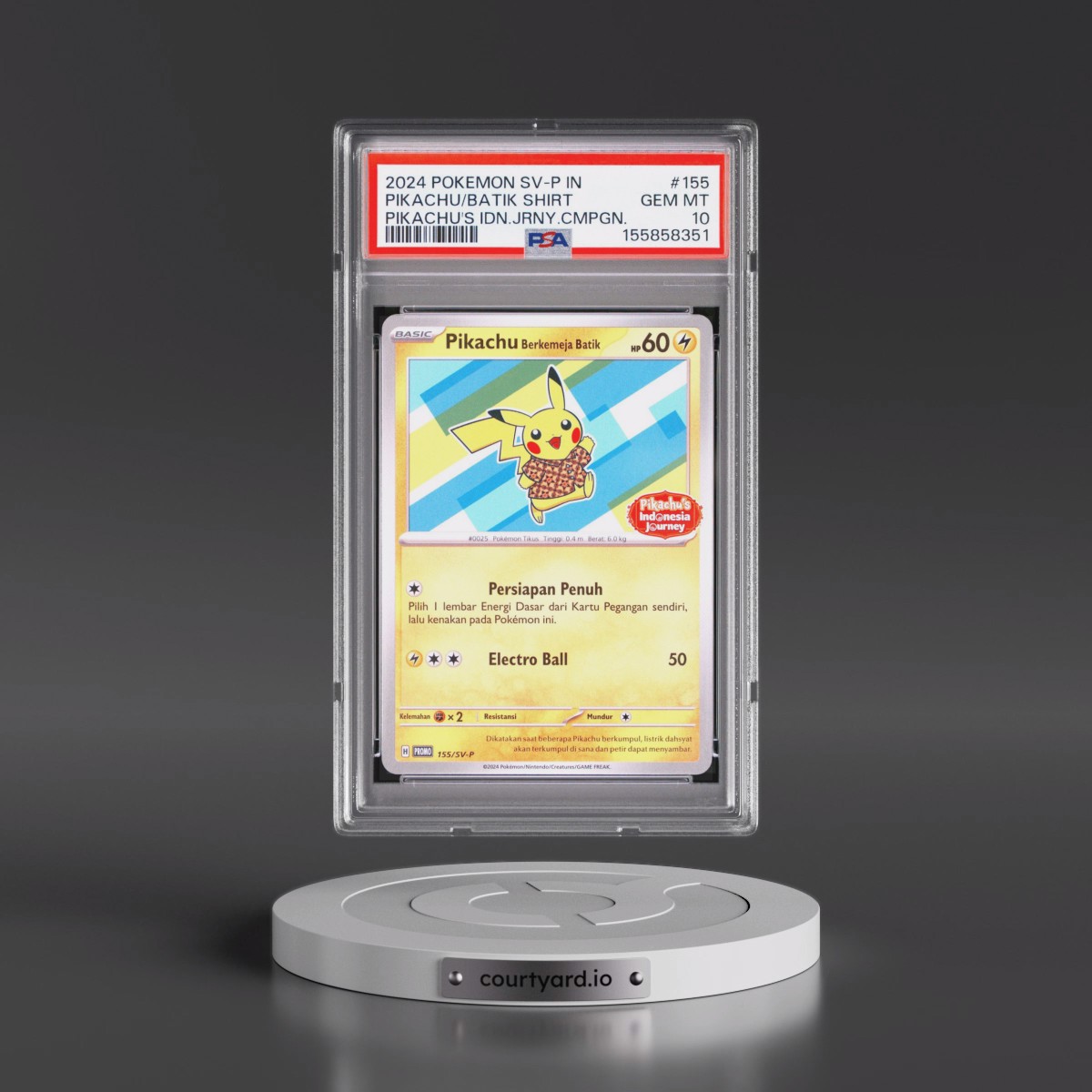 2024 Pokémon SV-P Promo #155 Pikachu in Batik Shirt - Pikachu's Indonesia Journey Campaign (PSA 10 GEM MINT)