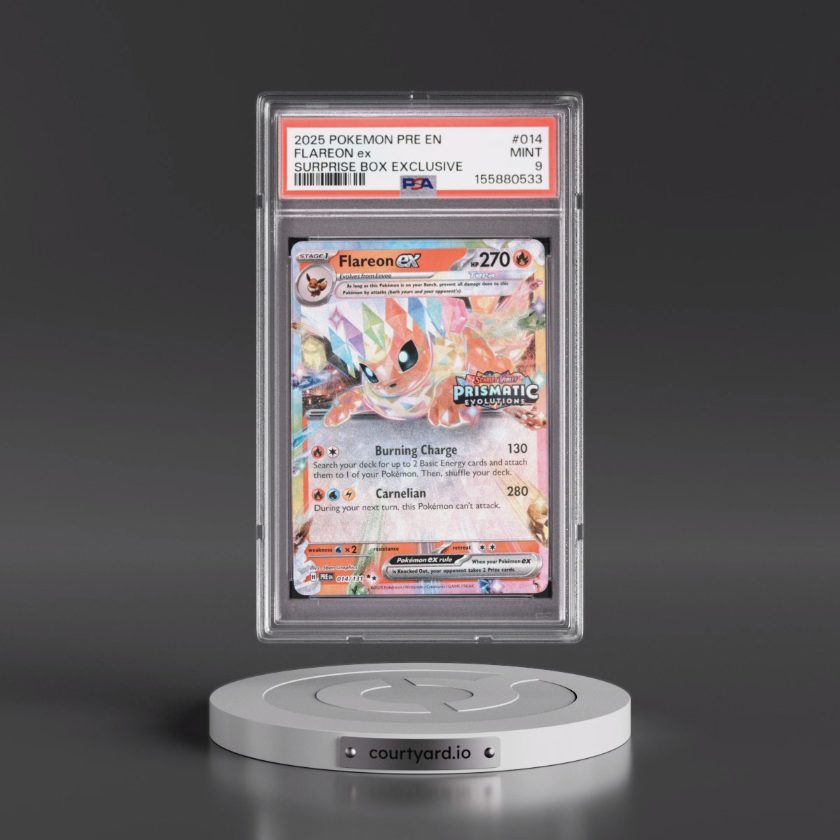 2025 Pokémon Pre EN-Prismatic Evolutions #014 Flareon EX - Holo Surprise Box Exclusive (PSA 9 MINT)