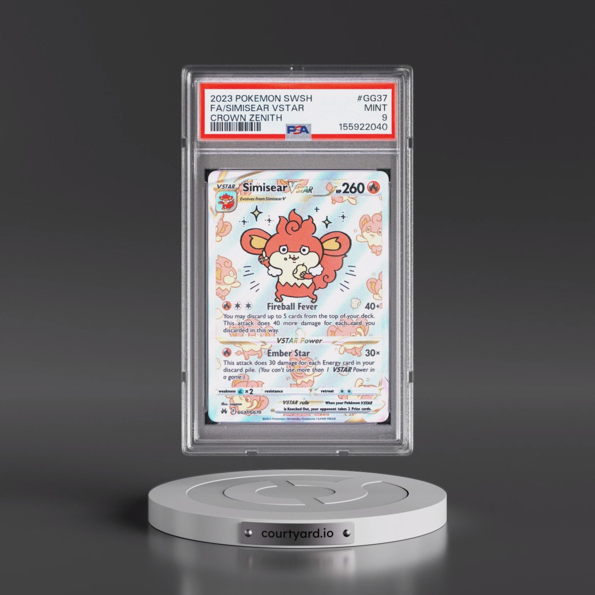 2023 Pokémon Sword and Shield Crown Zenith #GG37 Simisear Vstar - Full Art (PSA 9 MINT)