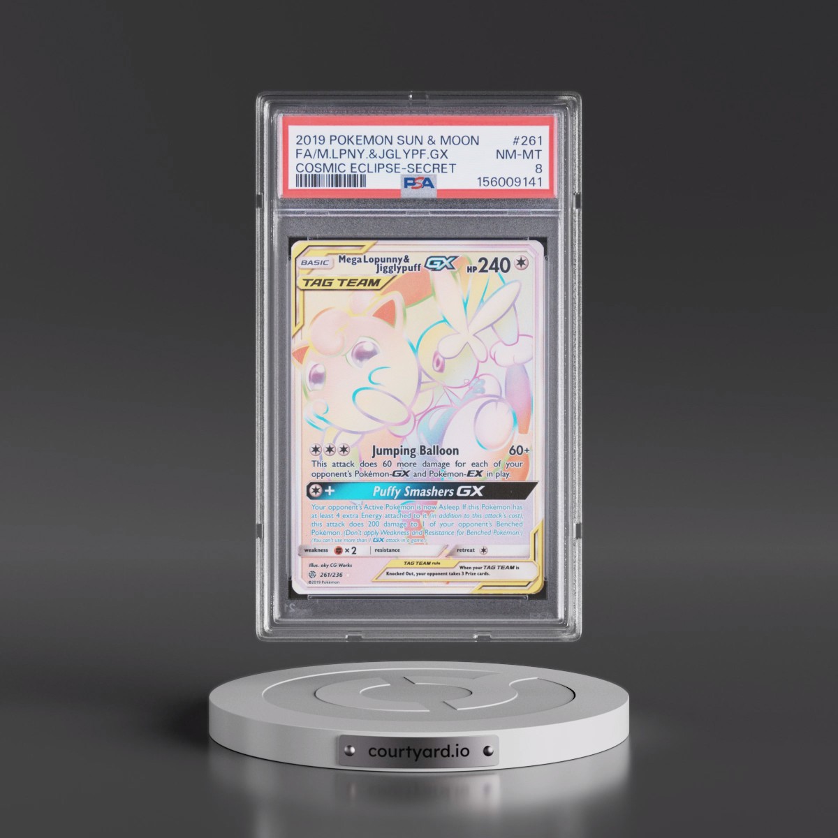 2019 Pokémon Sun & Moon Cosmic Eclipse #261 Mega-Lopunny & Jigglypuff GX - Holo Full Art Secret (PSA 8 NM-MT)