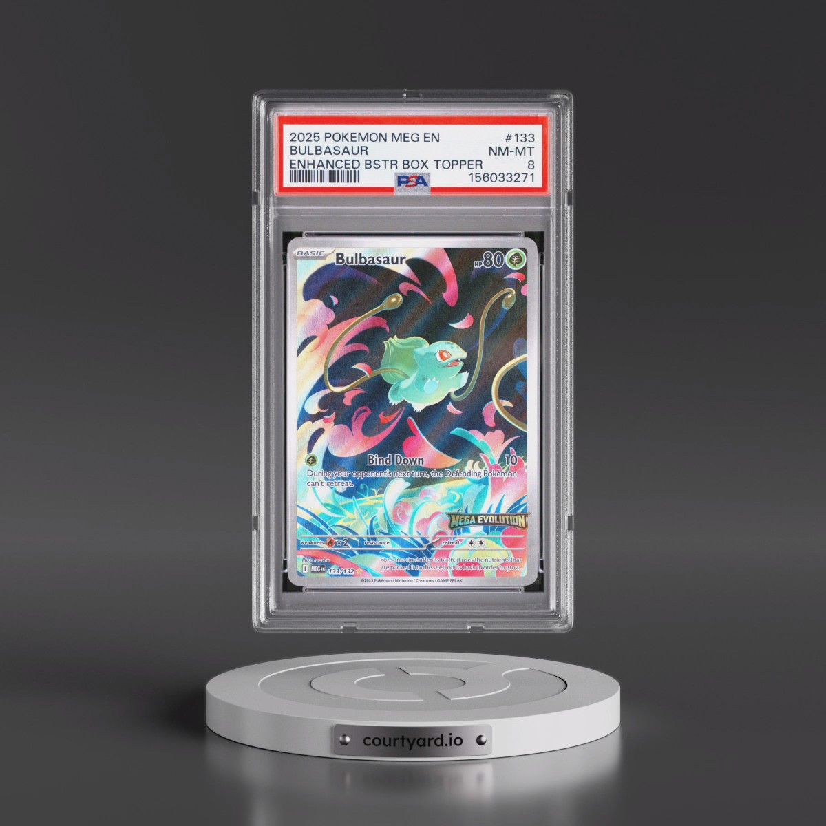 2025 Pokémon Meg EN-Mega Evolution #133 Bulbasaur - Enhanced Booster Box Topper (PSA 8 NM-MT)