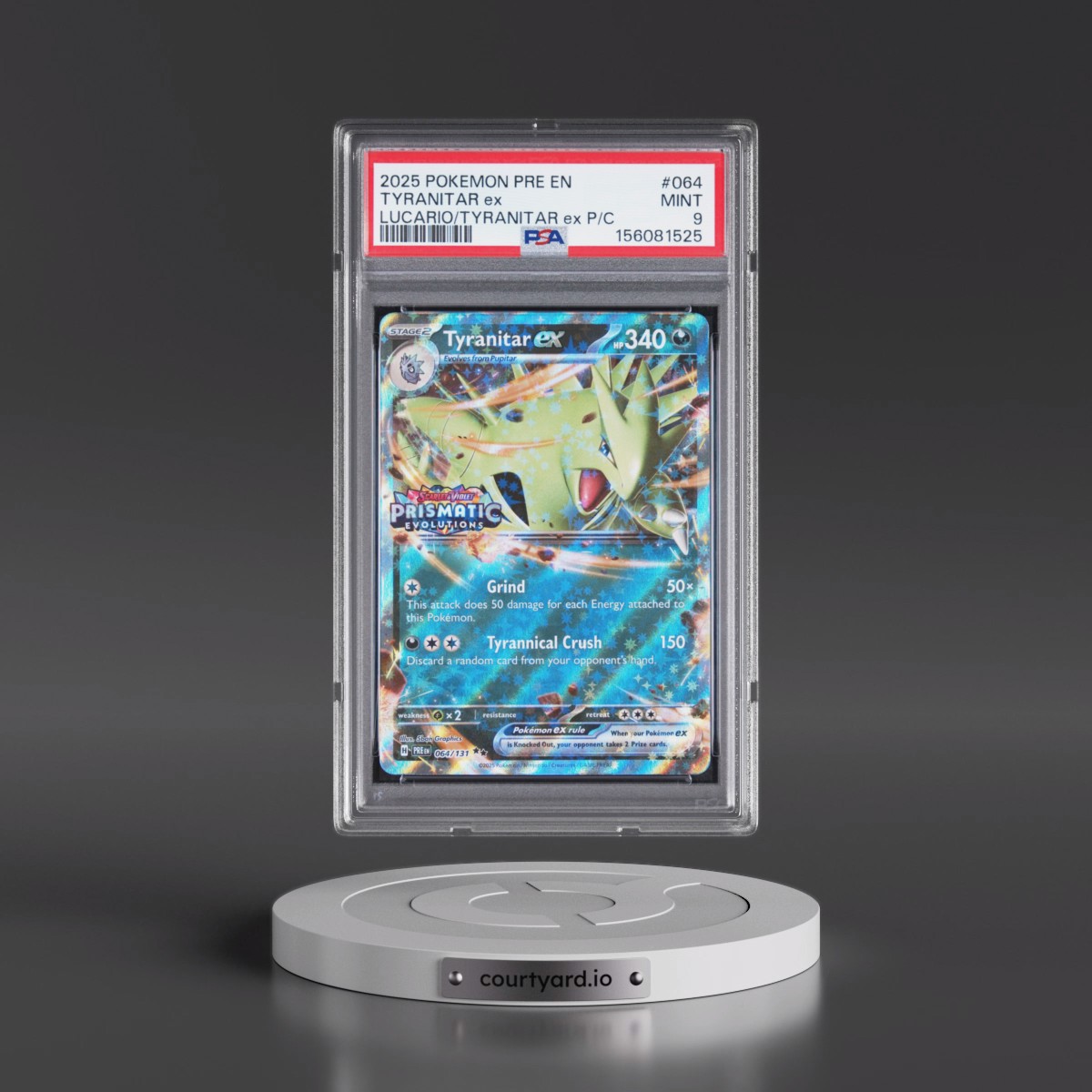 2025 Pokémon Pre EN-Prismatic Evolutions #064 Tyranitar EX - Holo Lucario EX & Tyranitar EX Premium Collection (PSA 9 MINT)