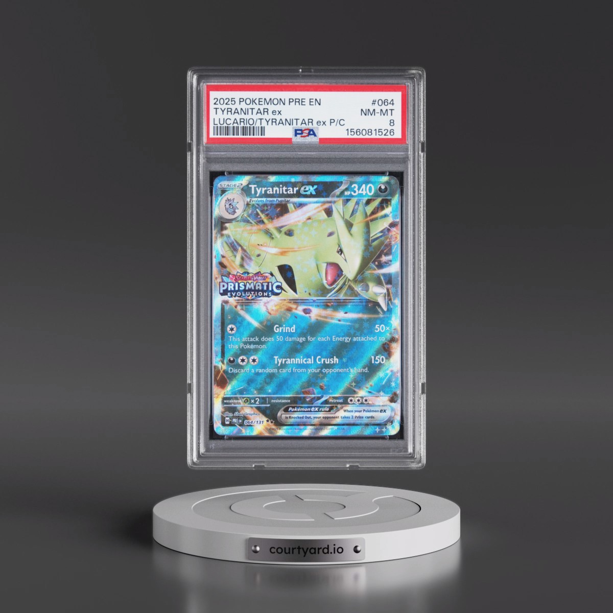 2025 Pokémon Pre EN-Prismatic Evolutions #064 Tyranitar EX - Holo Lucario EX & Tyranitar EX Premium Collection (PSA 8 NM-MT)
