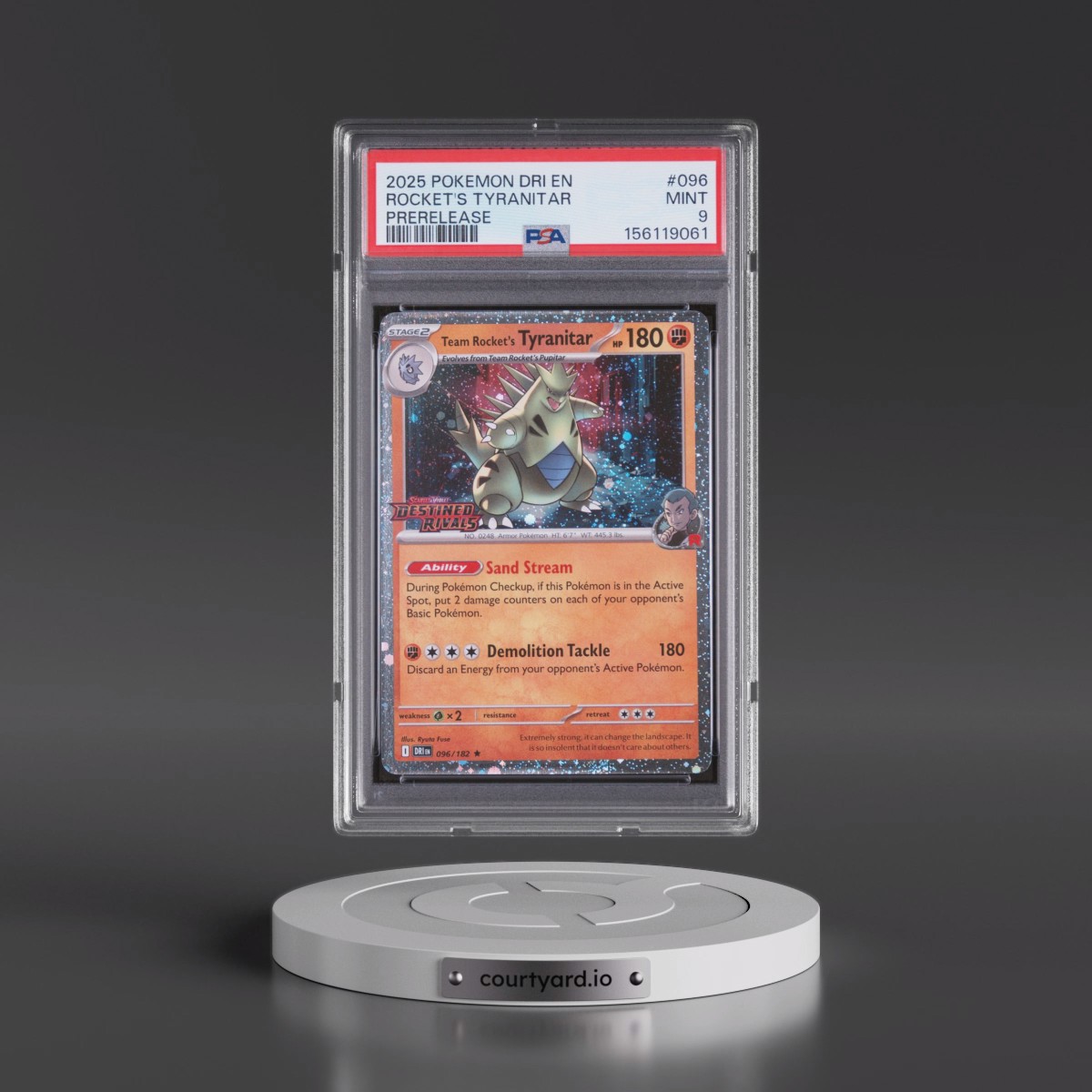 2025 Pokémon Dri EN-Destined Rivals #096 Team Rocket's Tyranitar - Prerelease (PSA 9 MINT)