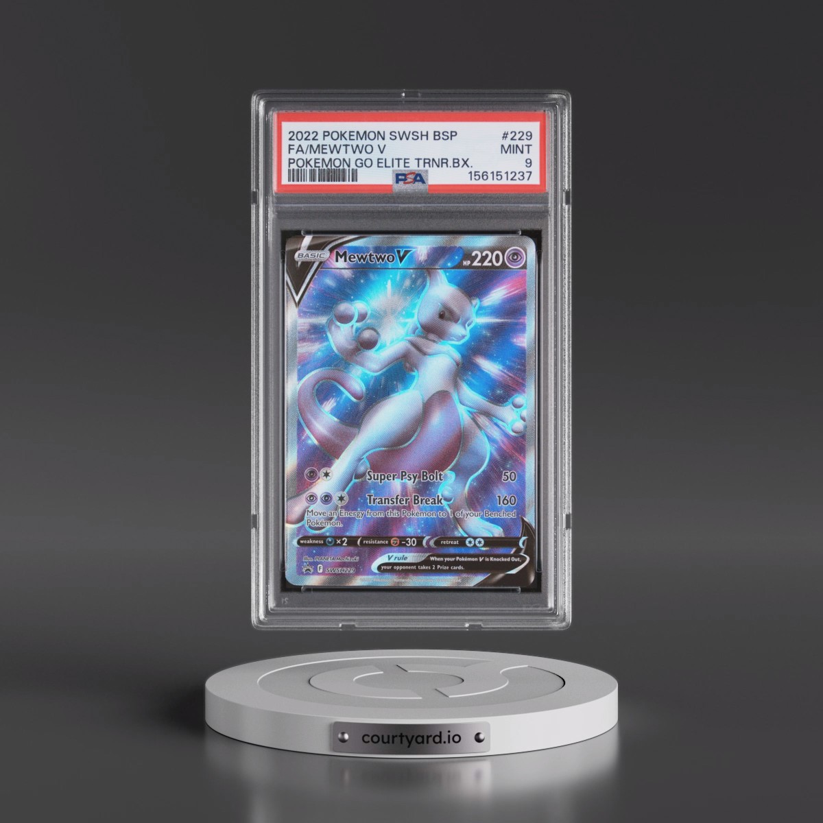 2022 Pokémon Swsh Black Star Promo #229 Mewtwo V - Holo Full Art Pokemon Go Elite Trainer Box (PSA 9 MINT)