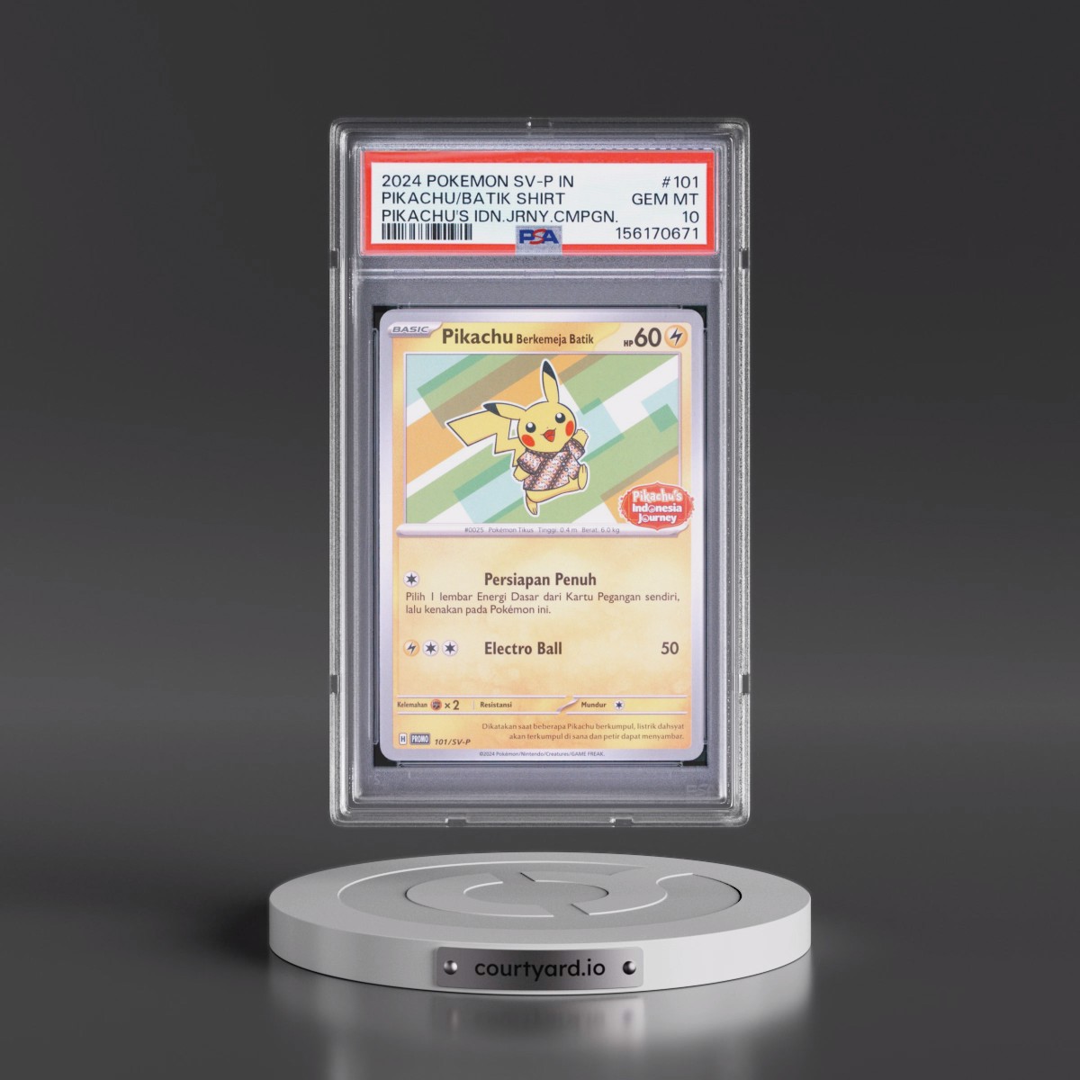 2024 Pokémon SV-P Promo #101 Pikachu in Batik Shirt - Pikachu's Indonesia Journey Campaign (PSA 10 GEM MINT)