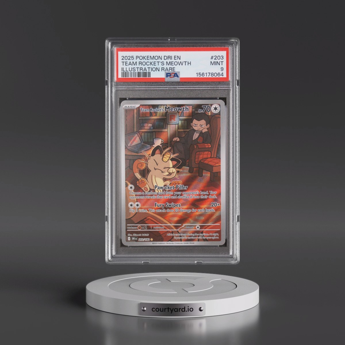 2025 Pokémon Dri EN-Destined Rivals #203 Team Rocket's Meowth - Illustration Rare (PSA 9 MINT)
