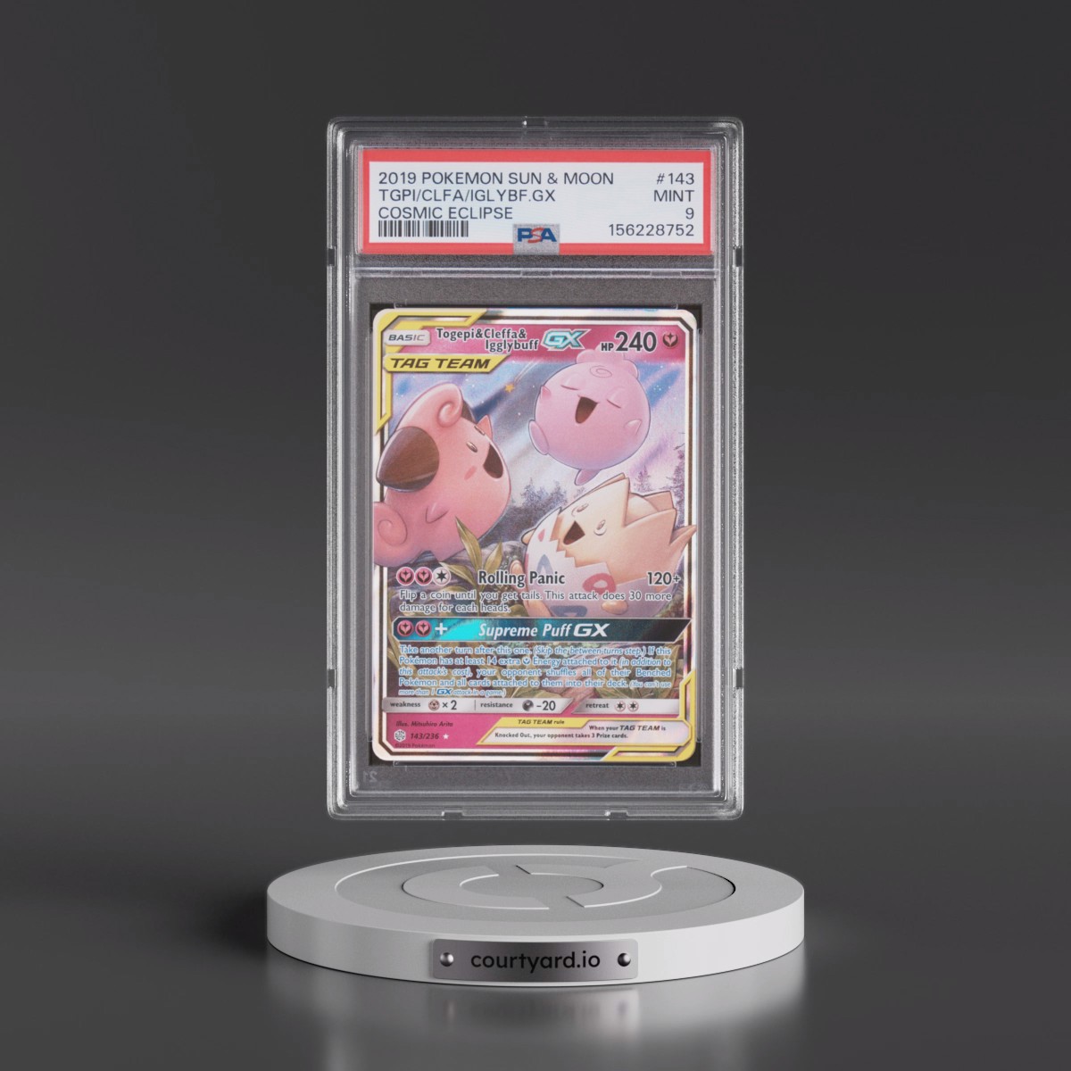 2019 Pokémon Sun & Moon Cosmic Eclipse #143 Togepi & Cleffa & Igglybuff GX - Holo (PSA 9 MINT)