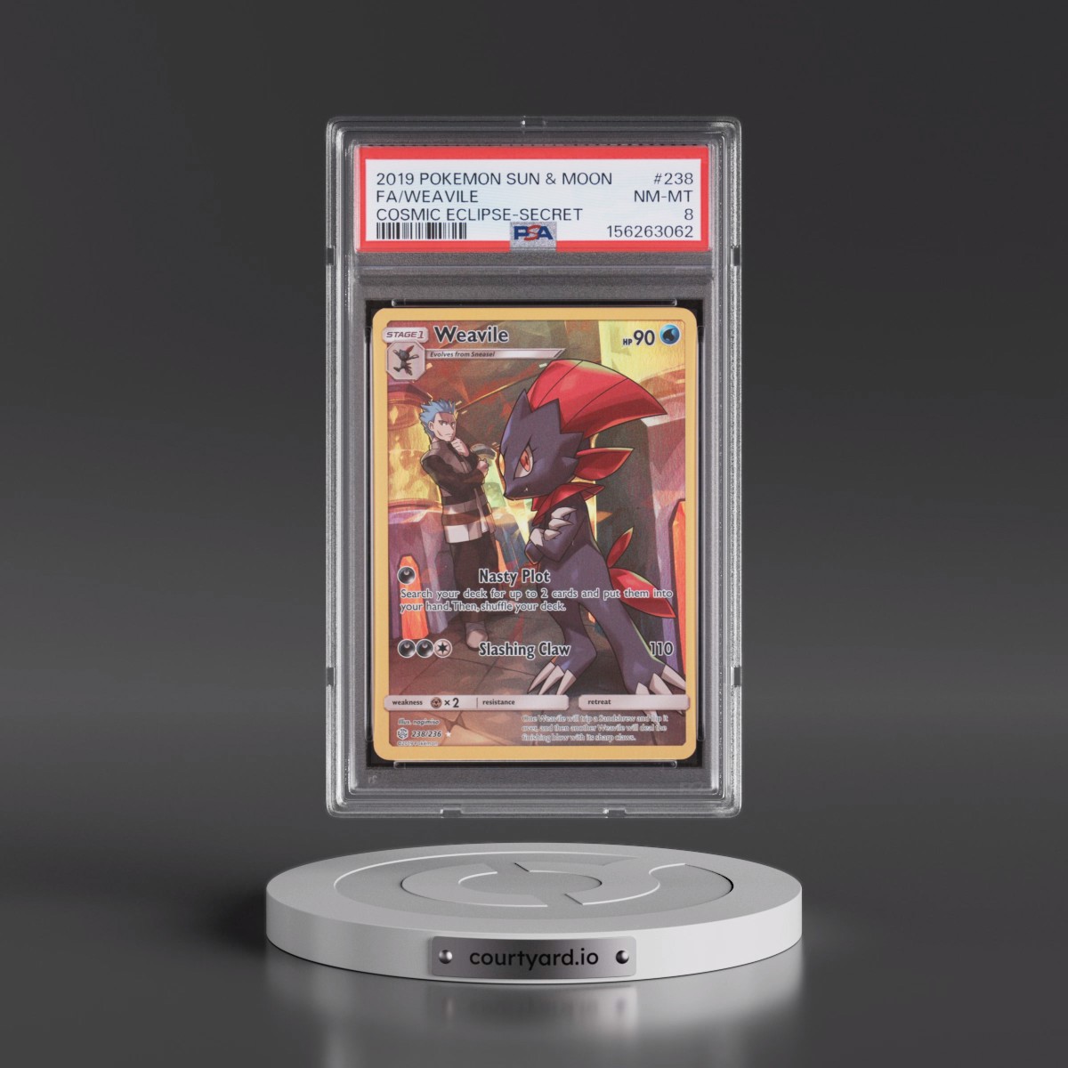 2019 Pokémon Sun & Moon Cosmic Eclipse #238 Weavile - Full Art Secret (PSA 8 NM-MT)