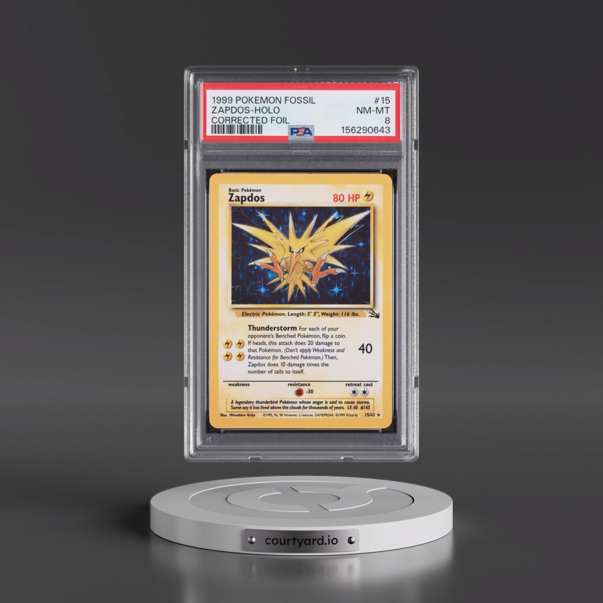 1999 Pokémon Fossil #15 Zapdos - Holo Corrected Foil (PSA 8 NM-MT)