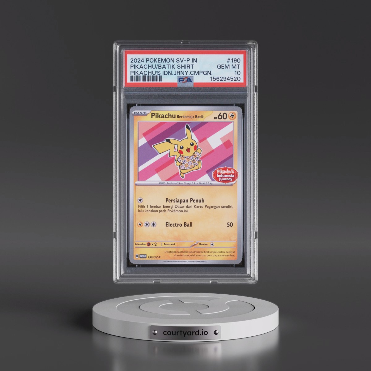 2024 Pokémon SV-P Promo #190 Pikachu in Batik Shirt - Pikachu's Indonesia Journey Campaign (PSA 10 GEM MINT)