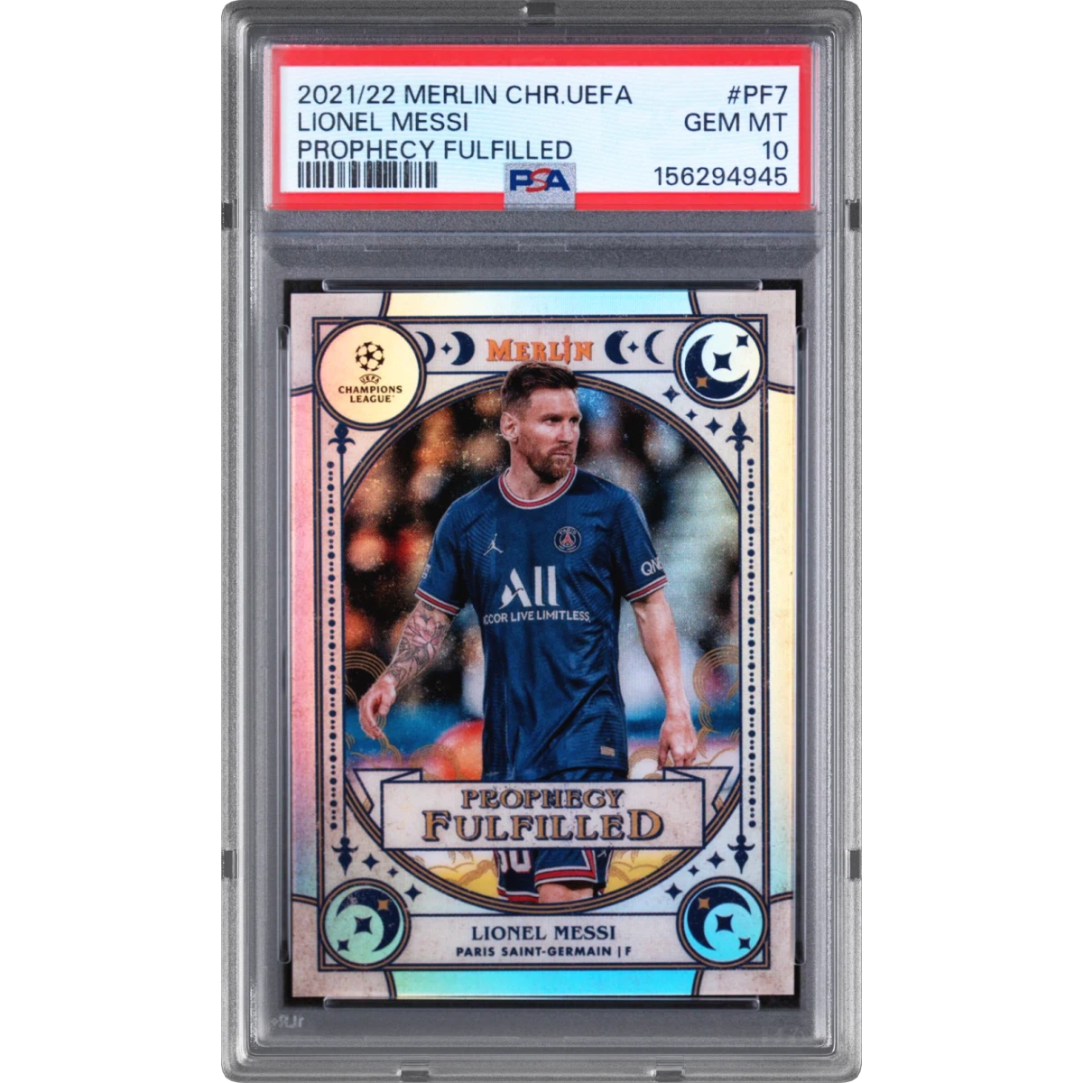 2021-2022 Topps Merlin Chrome UEFA League Prophecy Fulfilled #PF7 Lionel Messi (PSA 10 GEM MINT)