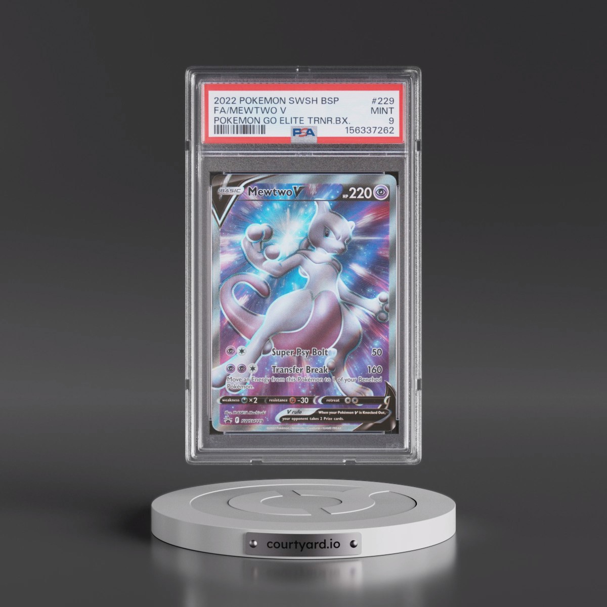 2022 Pokémon Swsh Black Star Promo #229 Mewtwo V - Holo Full Art Pokemon Go Elite Trainer Box (PSA 9 MINT)