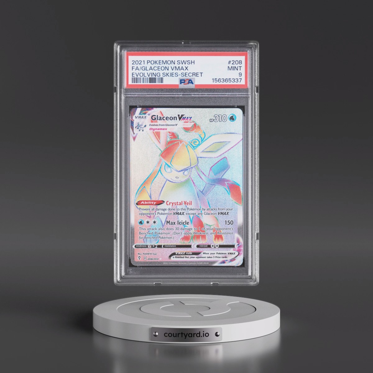 2021 Pokémon Sword & Shield Evolving Skies #208 Glaceon Vmax - Full Art Secret (PSA 9 MINT)