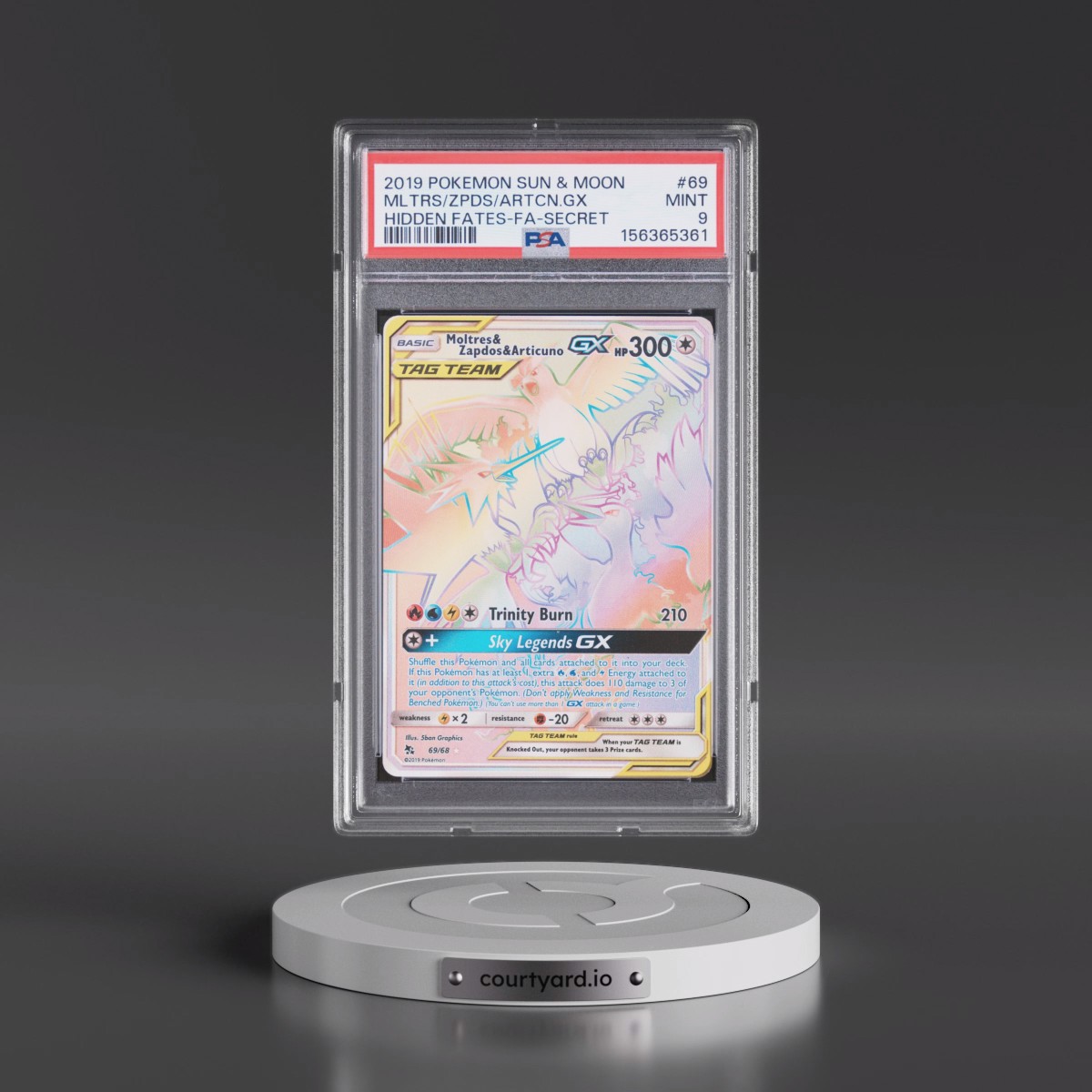 2019 Pokémon Sun & Moon Hidden Fates #69 Moltres & Zapdos & Articuno GX - Holo Full Art Secret (PSA 9 MINT)