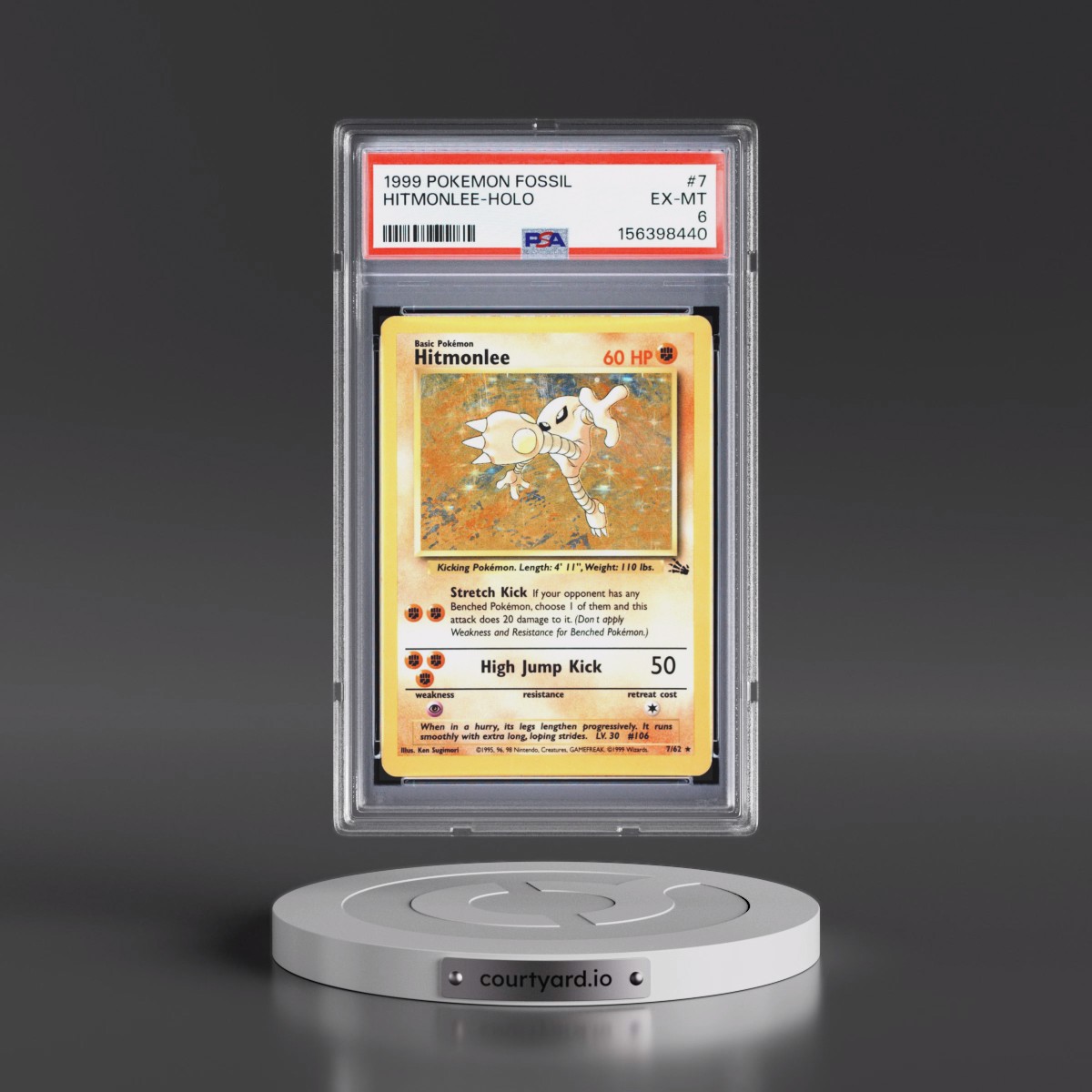1999 Pokémon Fossil #7 Hitmonlee - Holo (PSA 6 EX-MT)