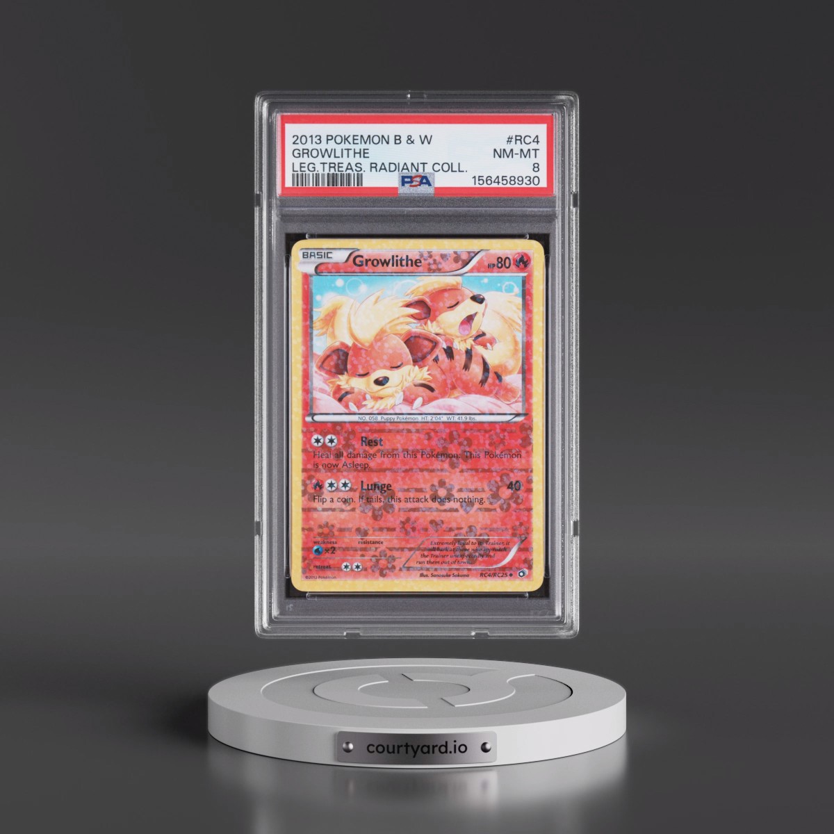 2013 Pokémon Black & White Legendary Treasures Radiant Collection #RC4 Growlithe (PSA 8 NM-MT)