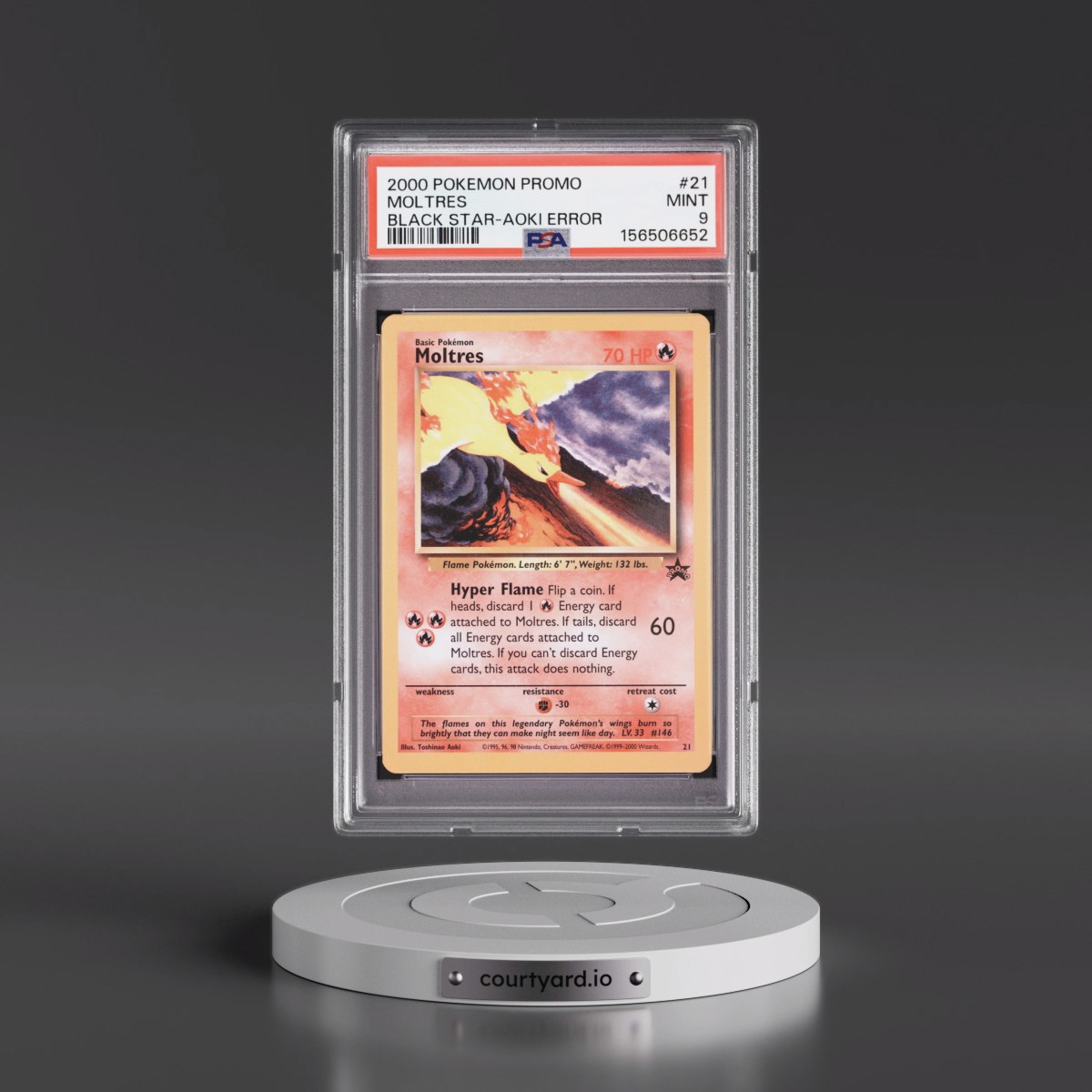 2000 Pokémon Promo Black Star #21 Moltres - Toshinao Aoki Error (PSA 9 MINT)