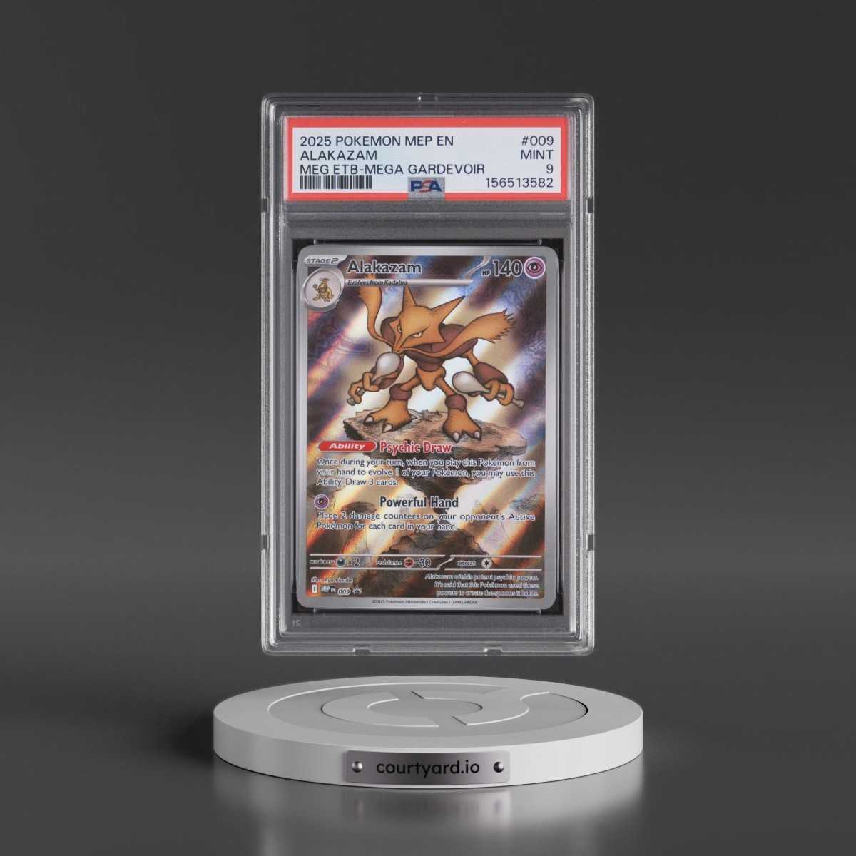 2025 Pokémon Mep EN-Me Black Star Promo #009 Alakazam - Mega Evolution Elite Trainer Box-Mega Gardevoir (PSA 9 MINT)