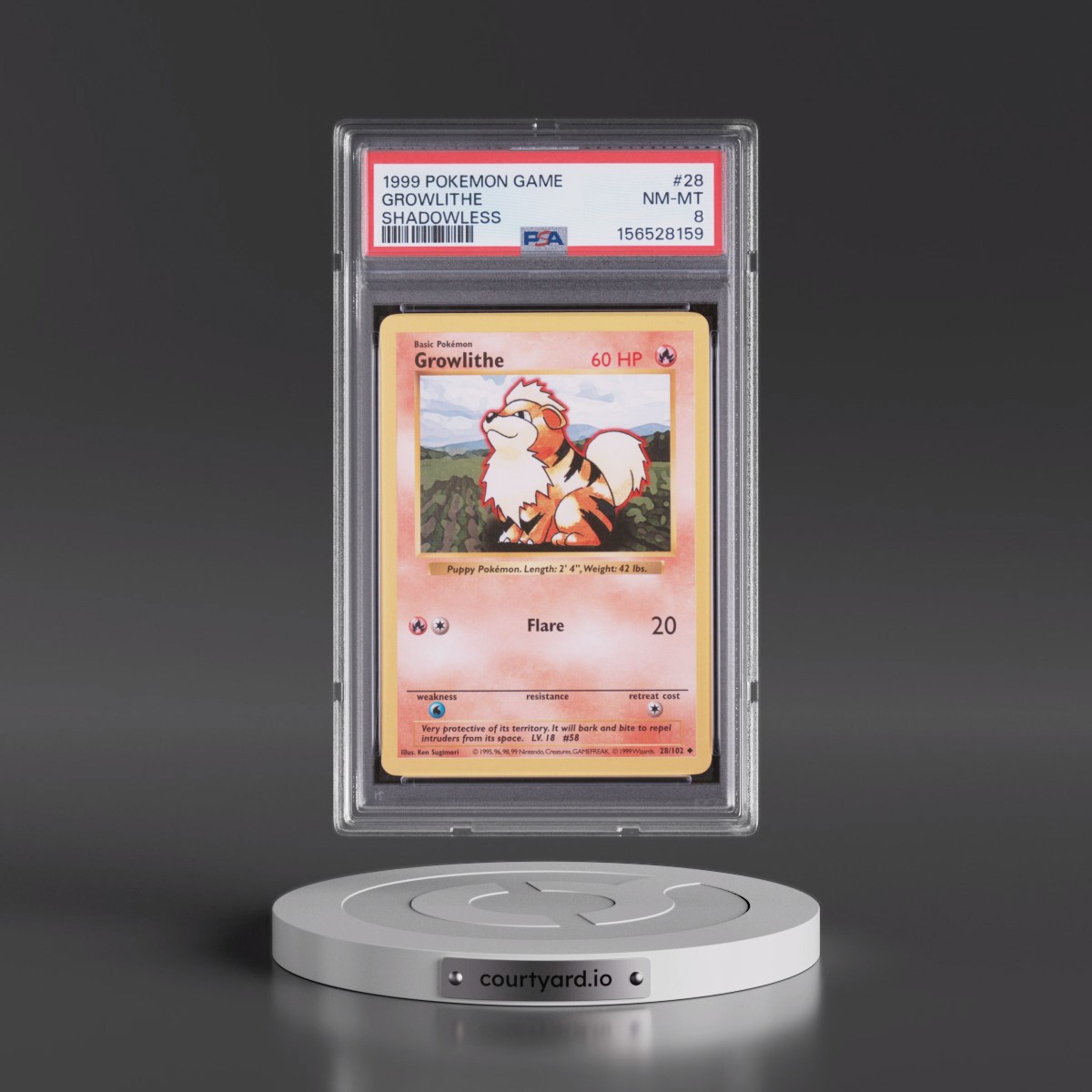 1999 Pokémon Game #28 Growlithe - Shadowless (PSA 8 NM-MT)