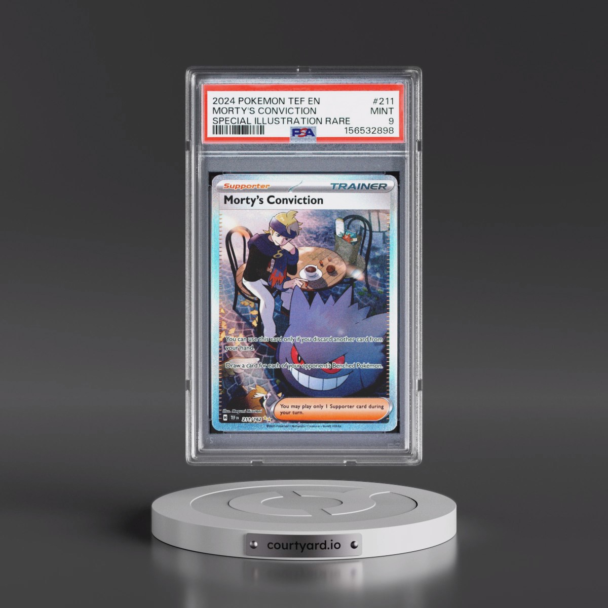 2024 Pokémon Tef EN-Temporal Forces #211 Morty's Conviction - Special Illustration Rare (PSA 9 MINT)