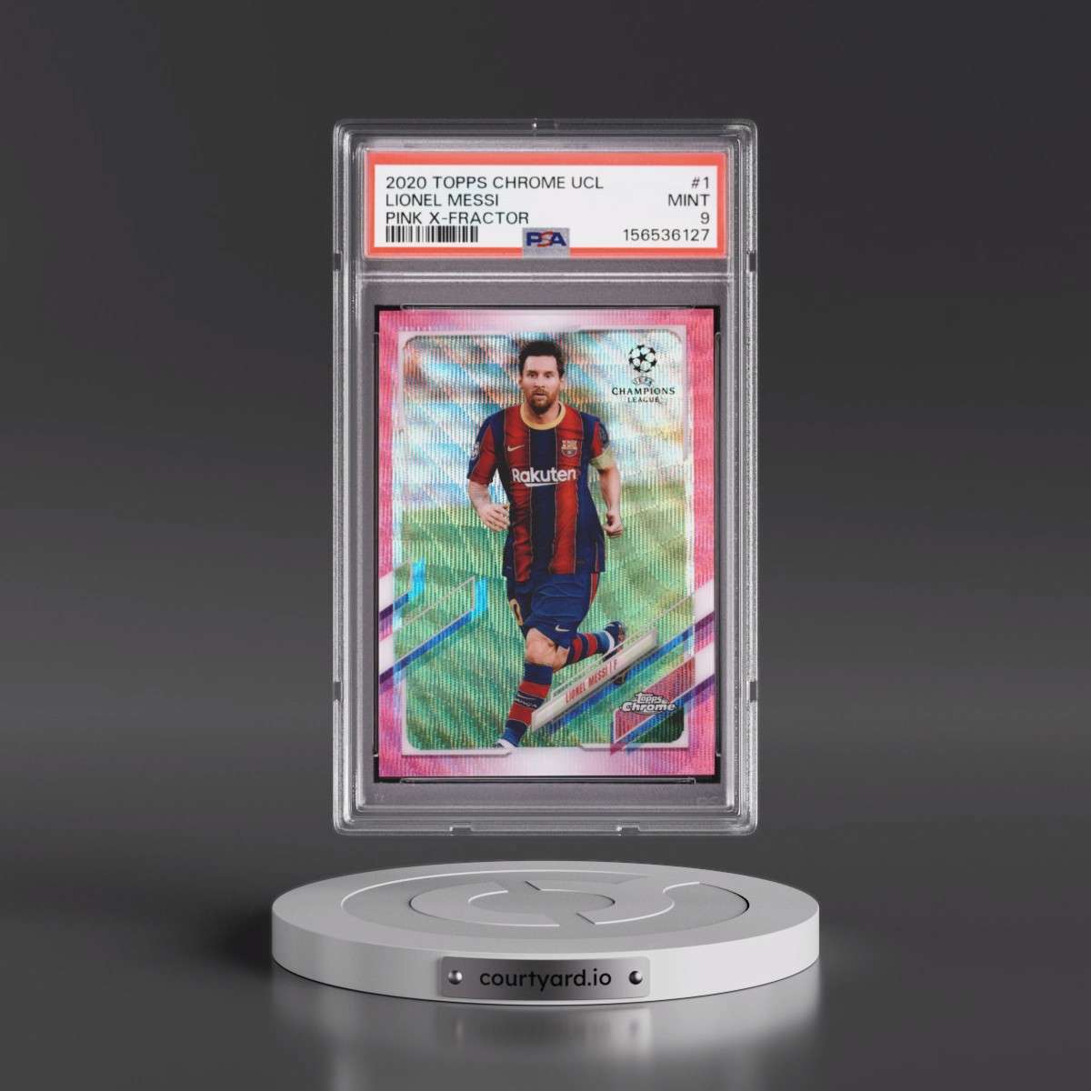 2020 Topps Chrome UEFA Champions League #1 Lionel Messi - Pink X-Fractor (PSA 9 MINT)