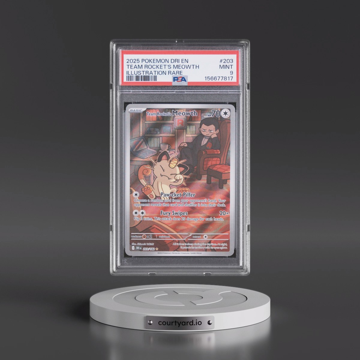 2025 Pokémon Dri EN-Destined Rivals #203 Team Rocket's Meowth - Illustration Rare (PSA 9 MINT)