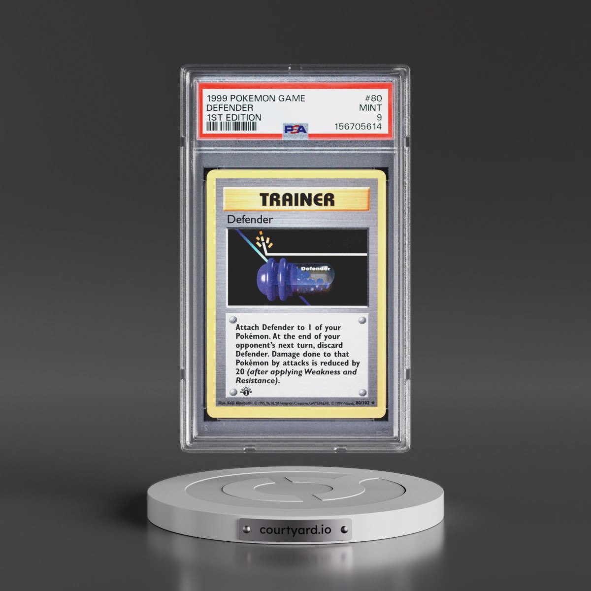 1999 Pokémon Game #80 Defender - 1st Edition (PSA 9 MINT)