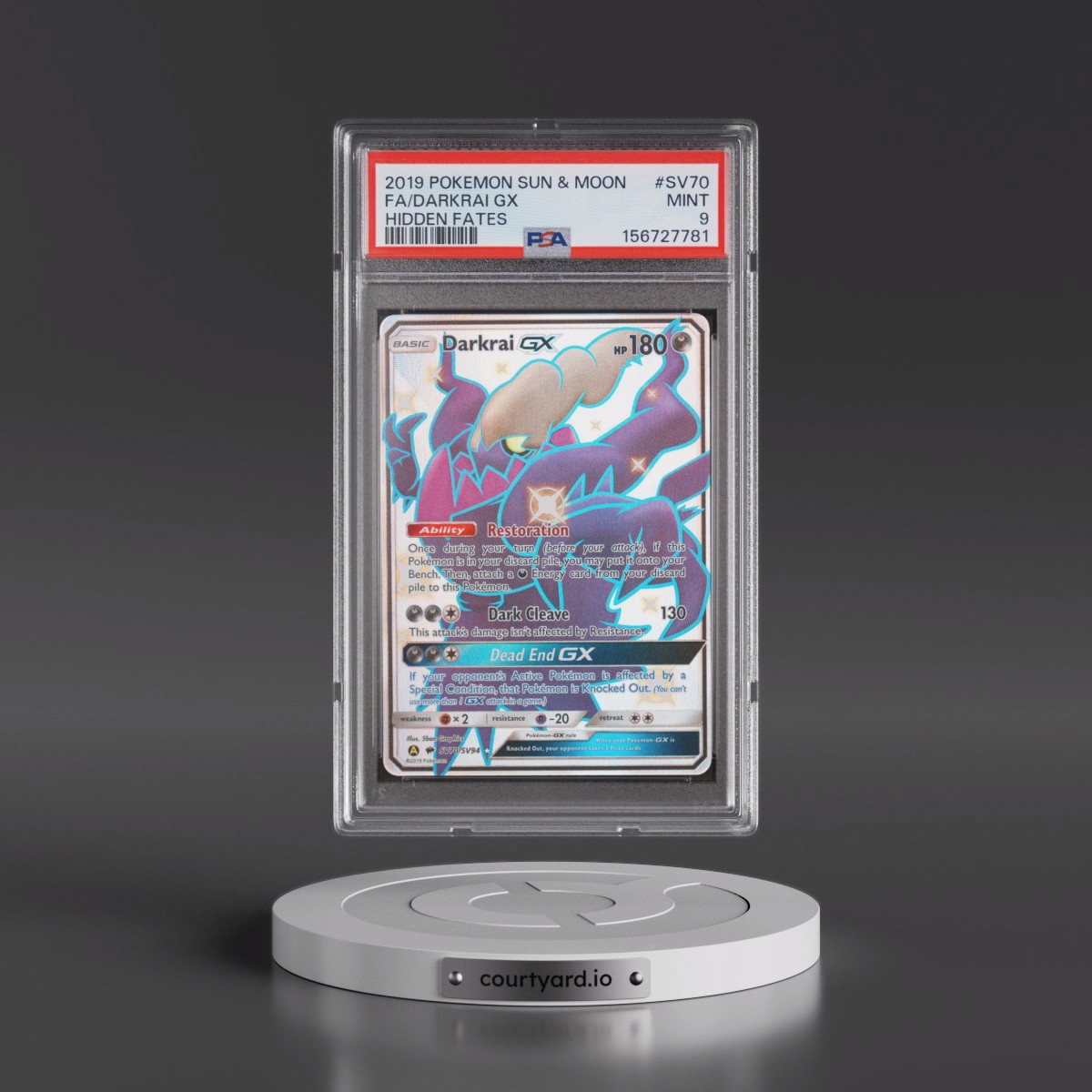 2019 Pokémon Sun & Moon Hidden Fates #SV70 Darkrai GX - Holo Full Art (PSA 9 MINT)