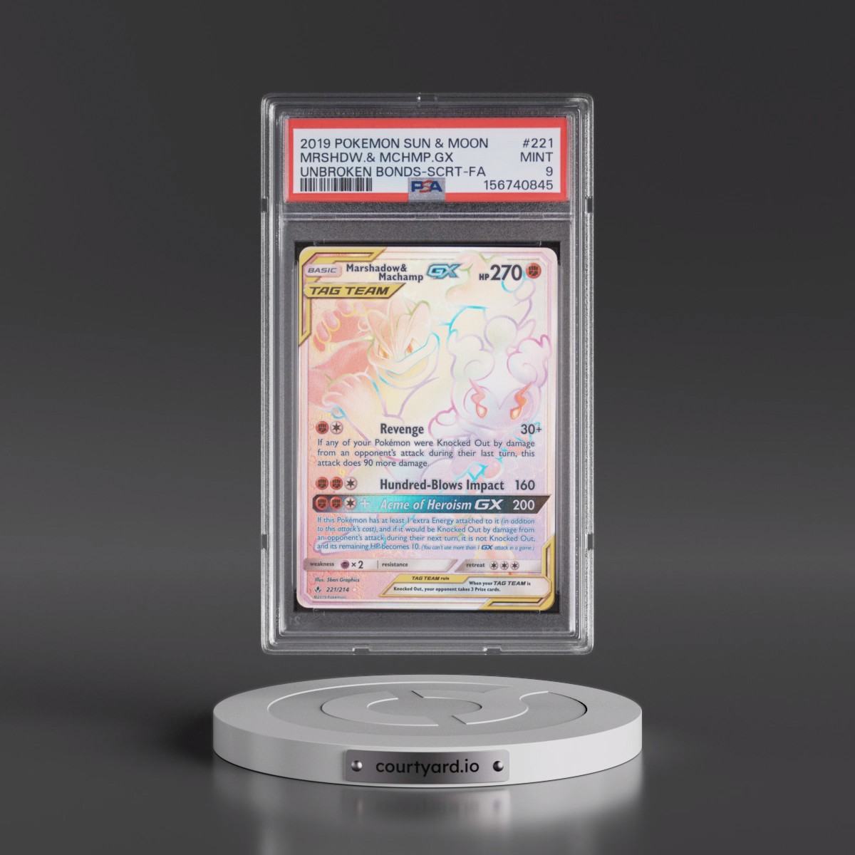 2019 Pokémon Sun & Moon Unbroken Bonds #221 Marshadow & Machamp GX - Holo Full Art Secret (PSA 9 MINT)
