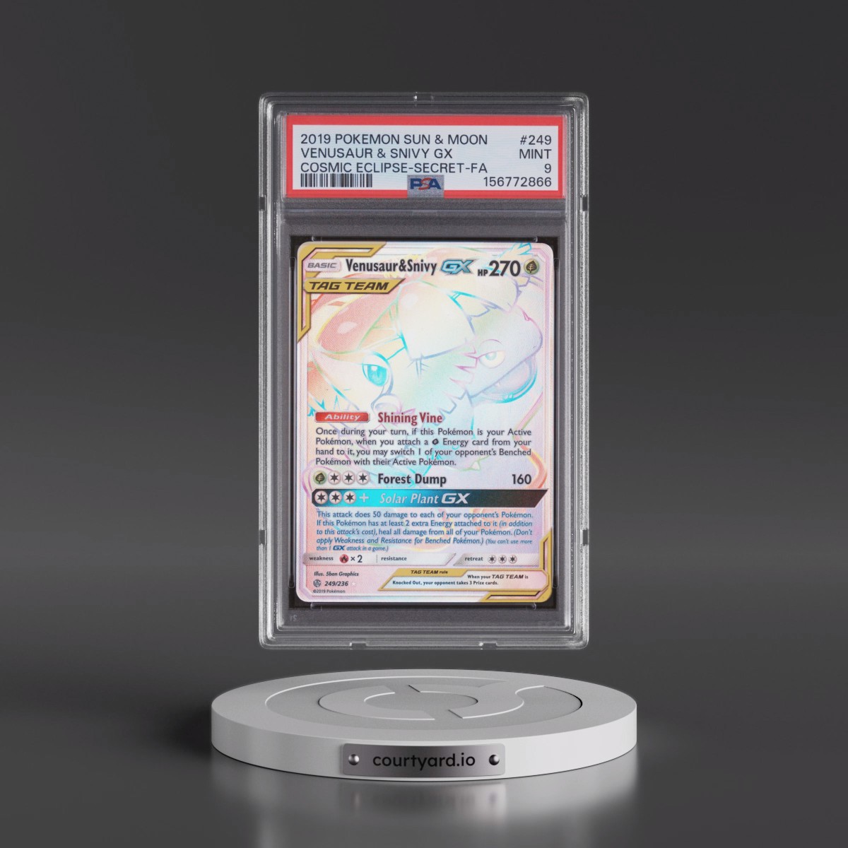 2019 Pokémon Sun & Moon Cosmic Eclipse #249 Venusaur & Snivy GX - Holo Full Art Secret (PSA 9 MINT)