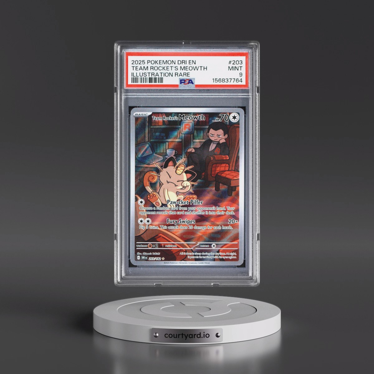 2025 Pokémon Dri EN-Destined Rivals #203 Team Rocket's Meowth - Illustration Rare (PSA 9 MINT)
